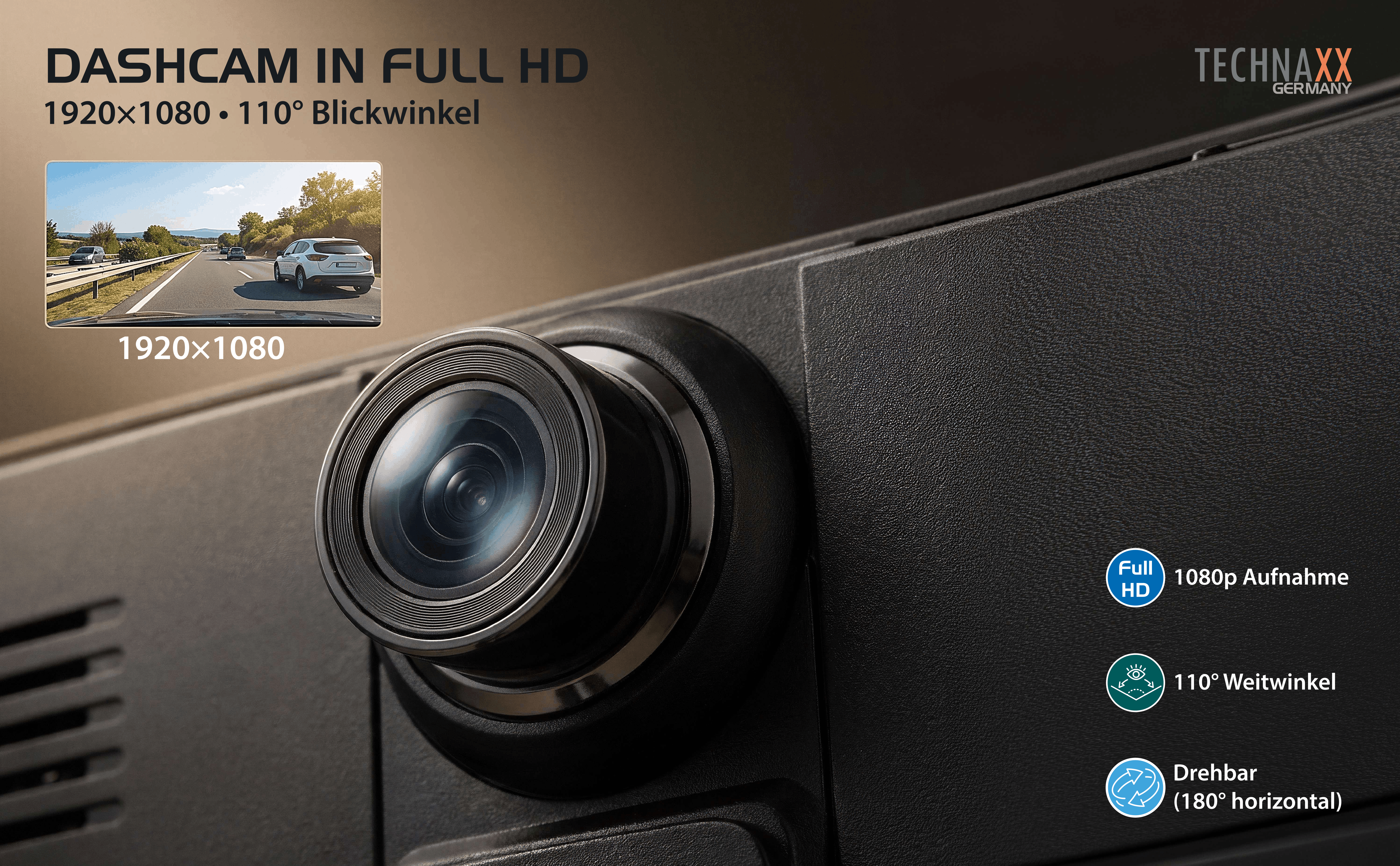 Primo piano di una dashcam con registrazione 1080p e grandangolo di 110°.