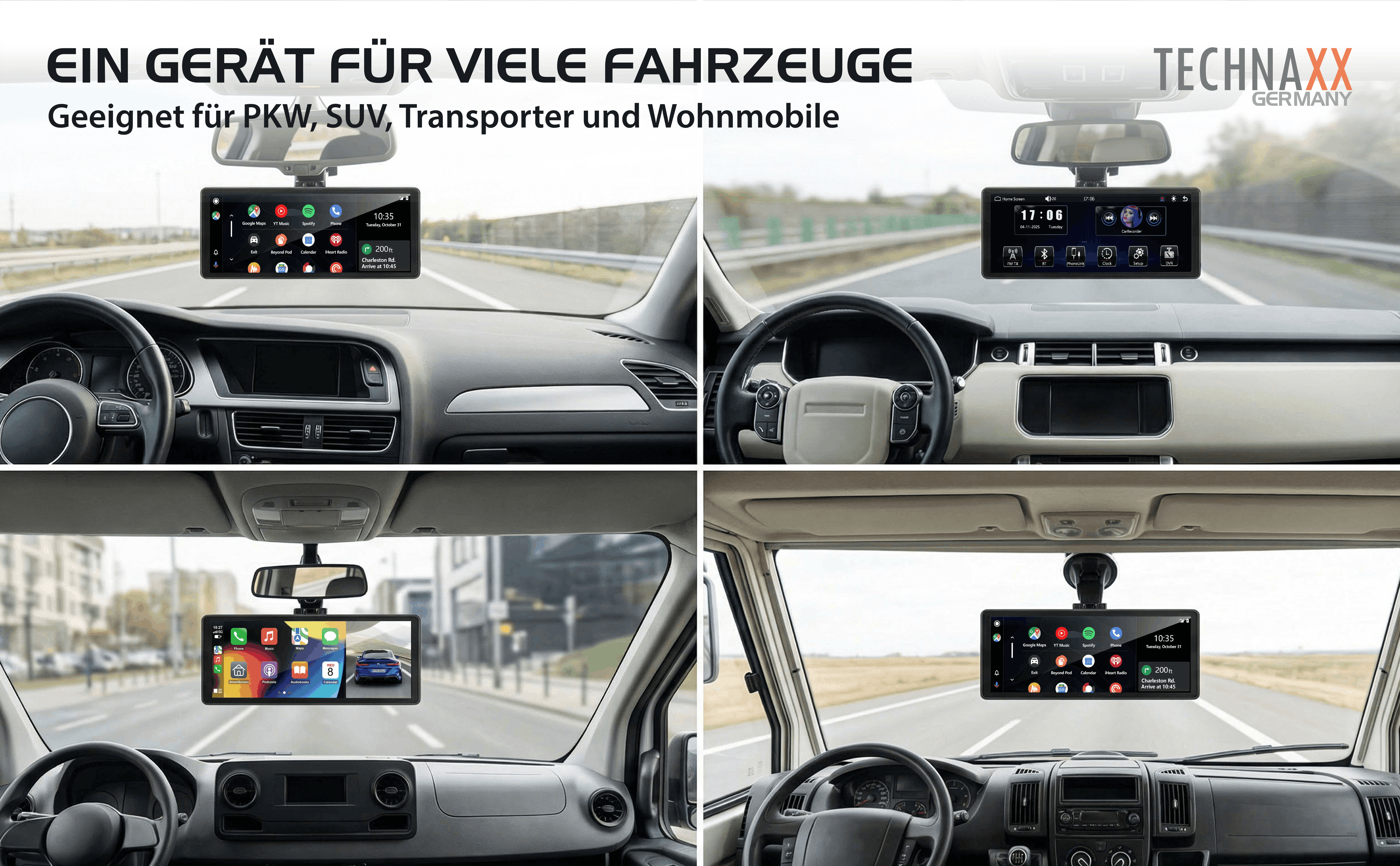 Quattro auto con schermi: auto, SUV, furgone e camper.
