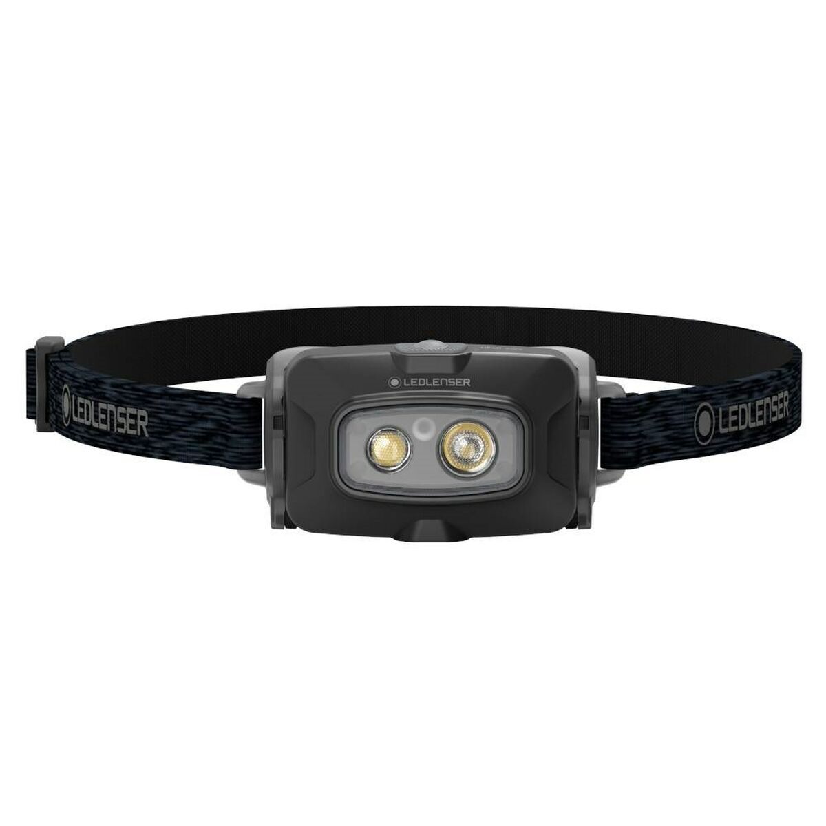 Une lampe frontale noire avec deux lumières et une sangle réglable.