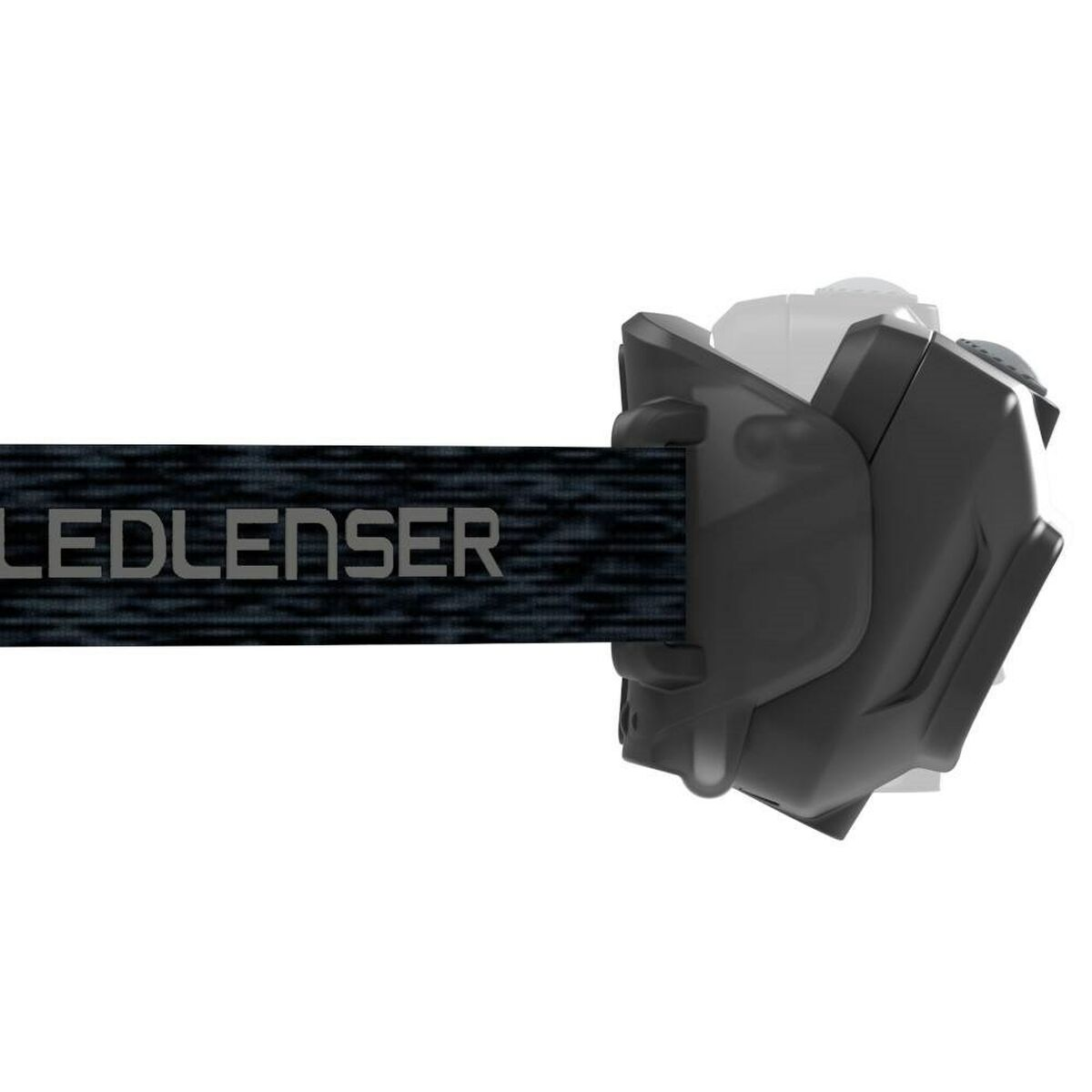 Un bandeau noir avec le logo LEDLENSER et une partie d'un boîtier de lampe frontale noir.