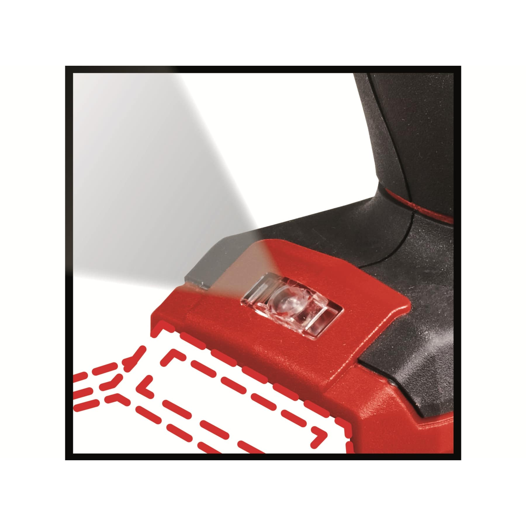 Rotes Werkzeug mit eingeschaltetem Lichtstrahl und roten gestrichelten Linien.