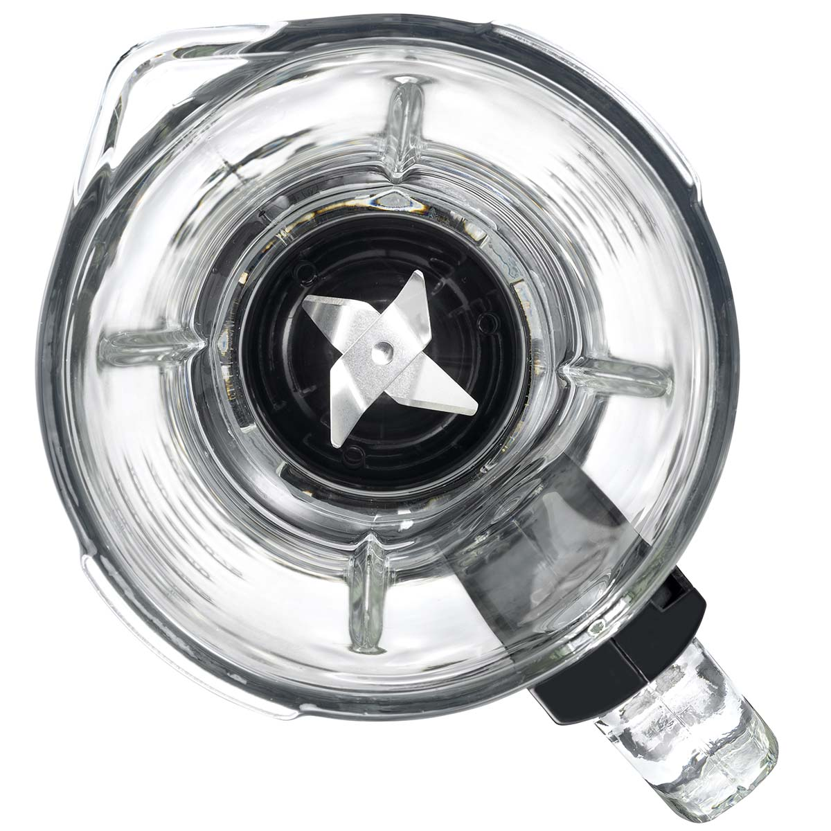 Zbliżenie na ostrza szklanego blendera z czarnymi akcentami.