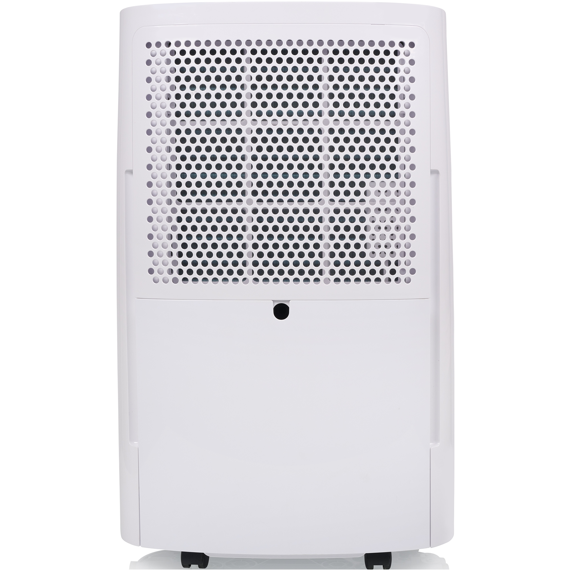 Retro bianco del deumidificatore con griglia di ventilazione e ruote.
