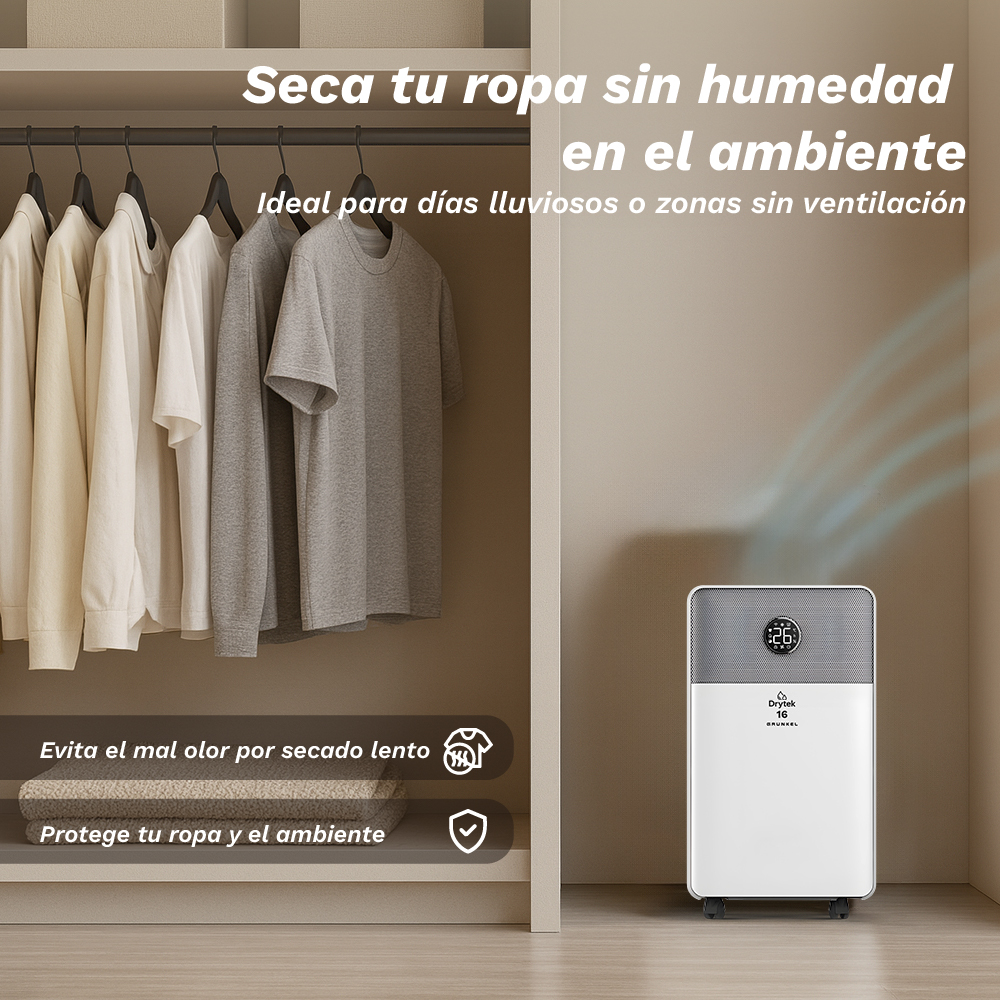 Un deumidificatore bianco accanto a un armadio aperto con vestiti.