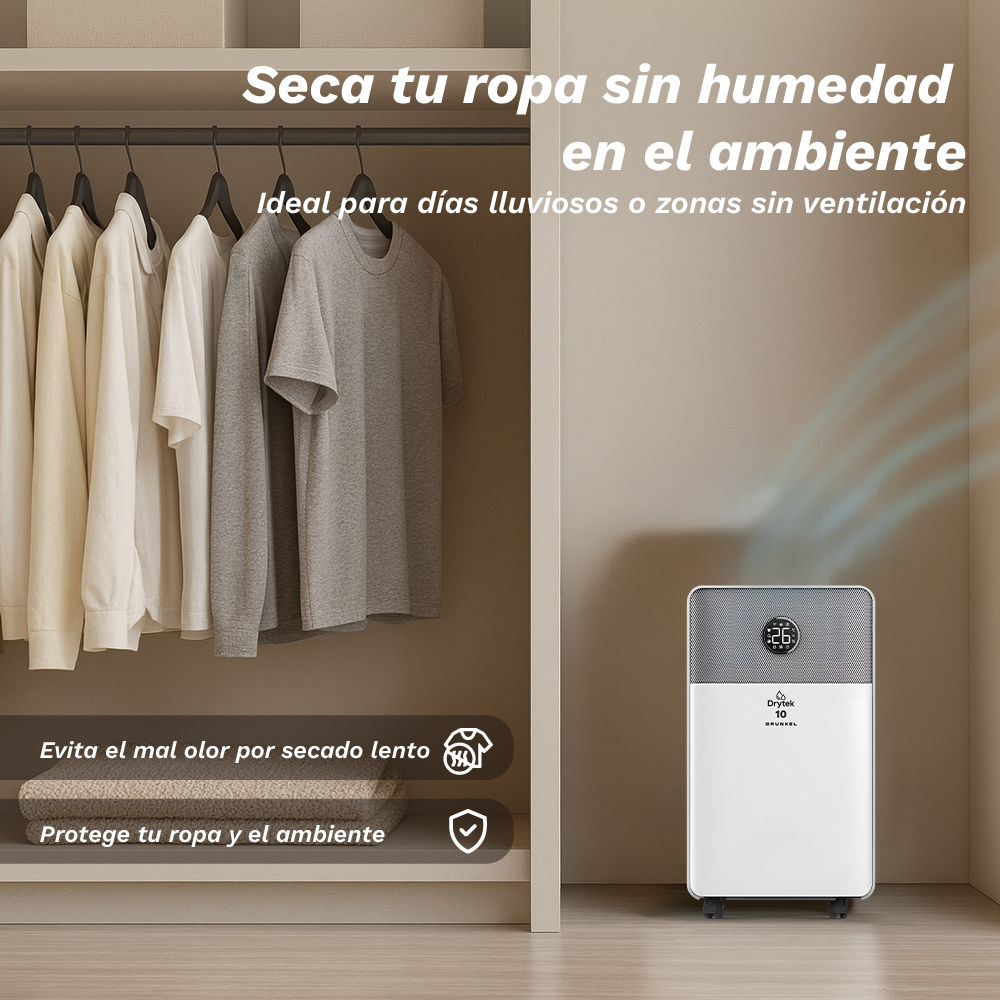 Un deumidificatore bianco accanto a un armadio aperto con vestiti.