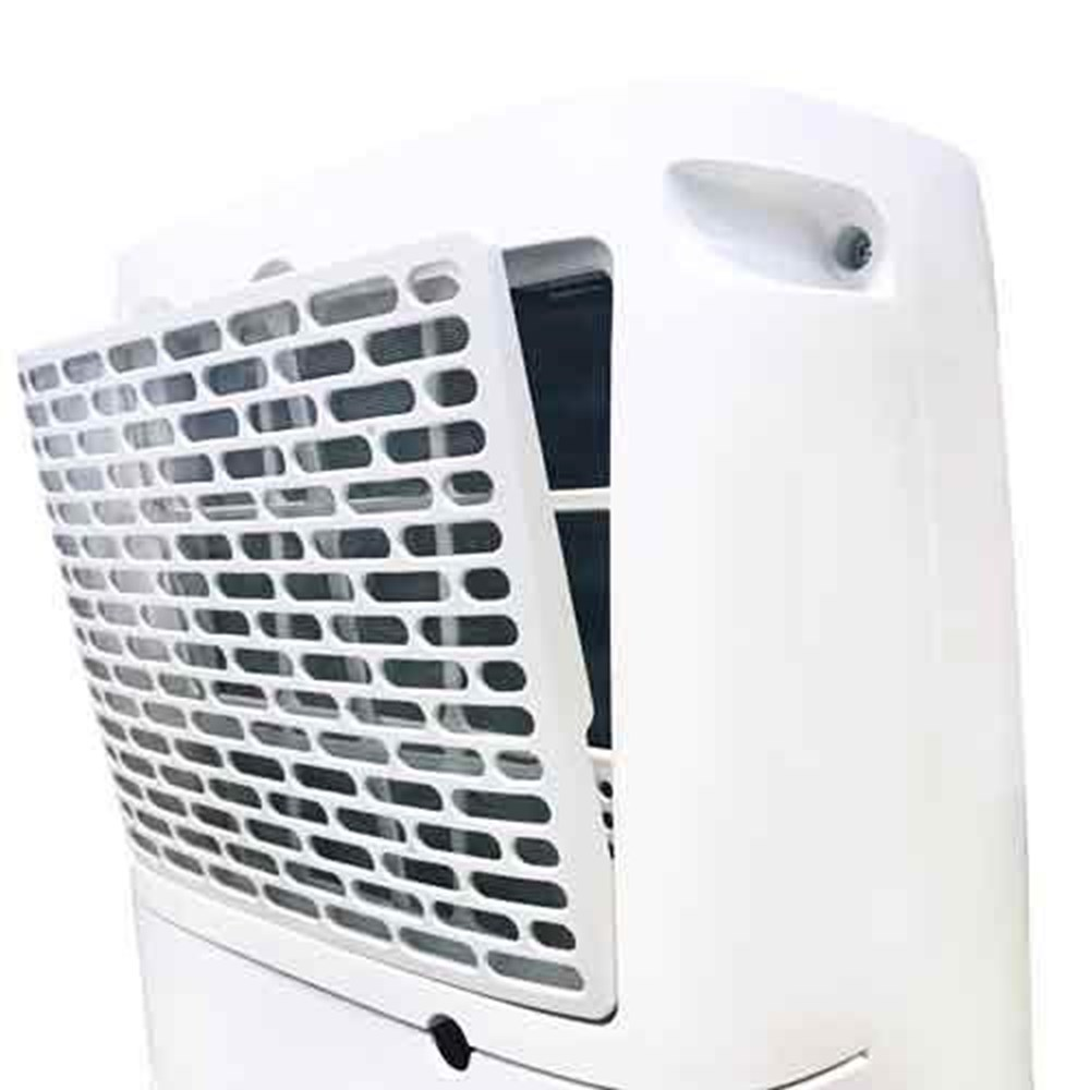 Un deumidificatore bianco con la griglia anteriore parzialmente rimossa, che rivela l'interno.