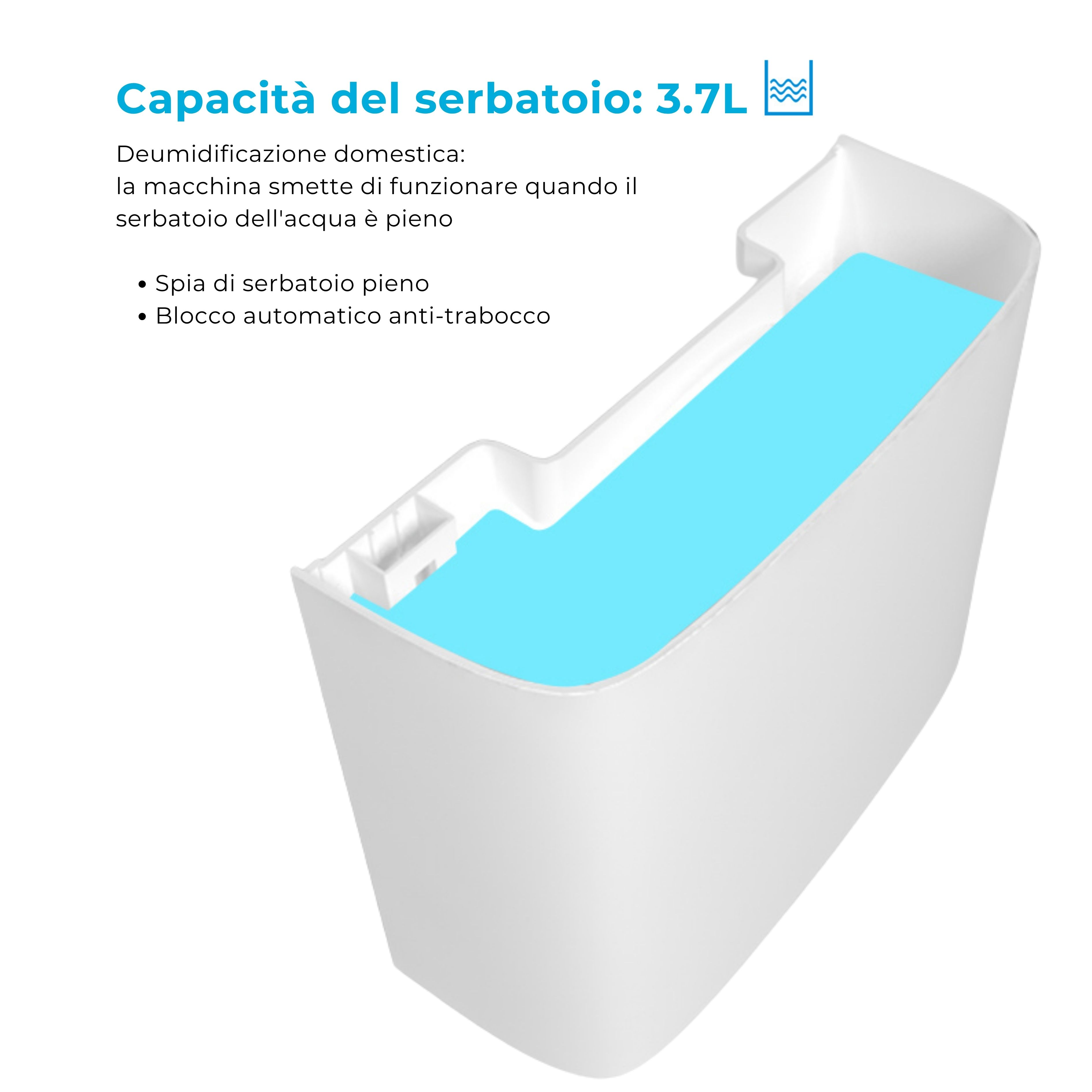 Un serbatoio dell'acqua bianco da 3,7 L, parzialmente riempito d'acqua blu.