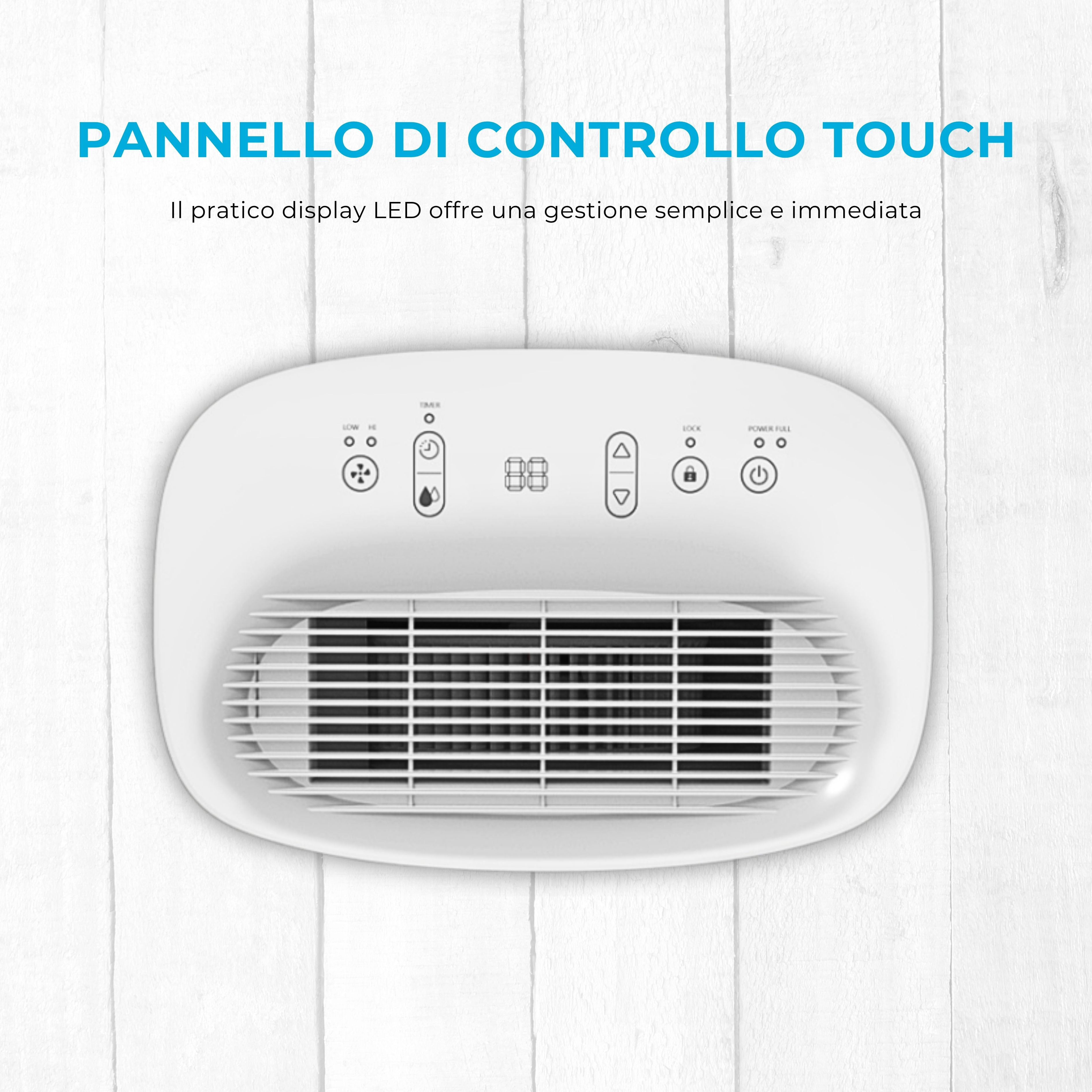 Un pannello di controllo touch bianco con griglia di ventilazione e icone.