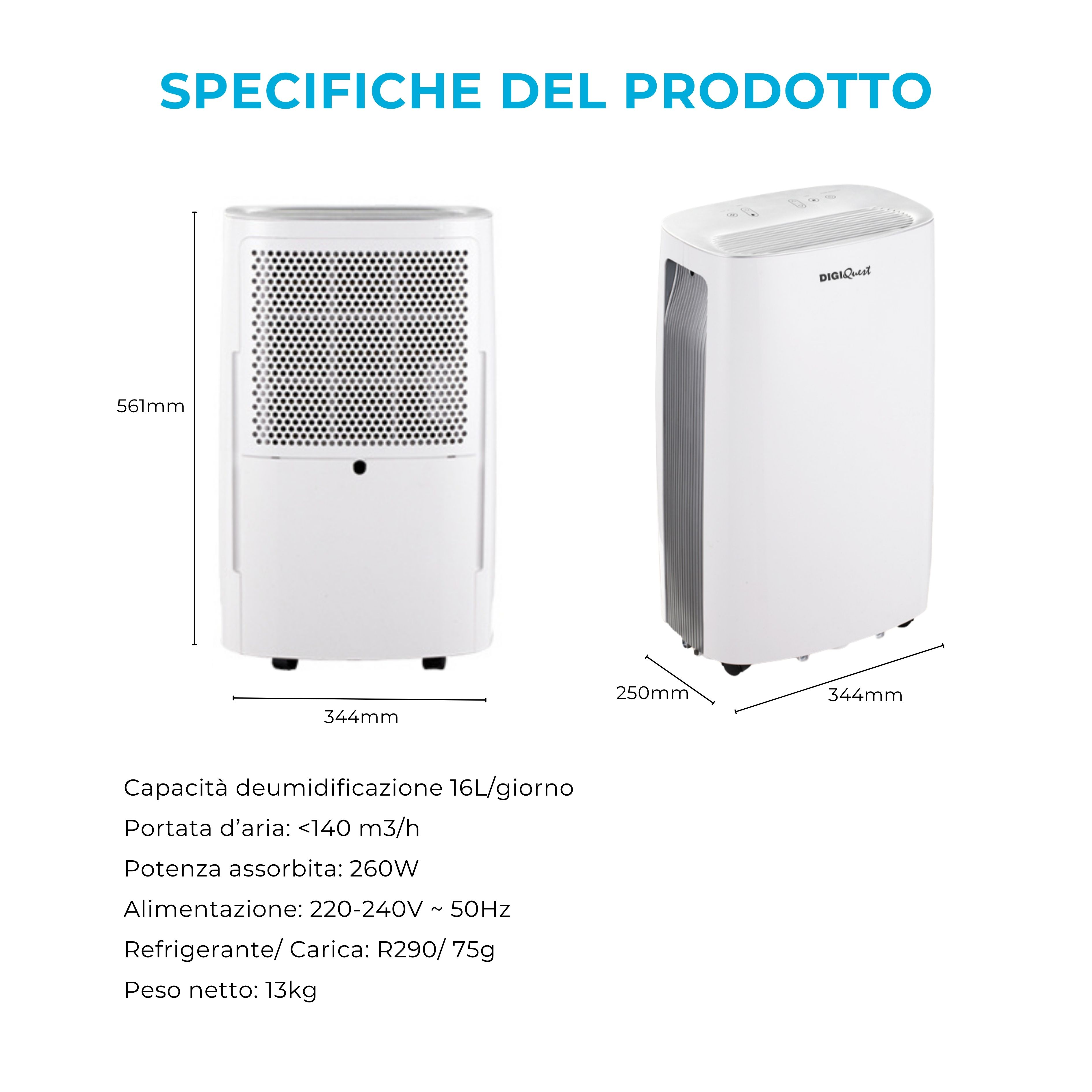 Specifiche deumidificatore bianco con dimensioni. 561mm alto, 344mm largo.