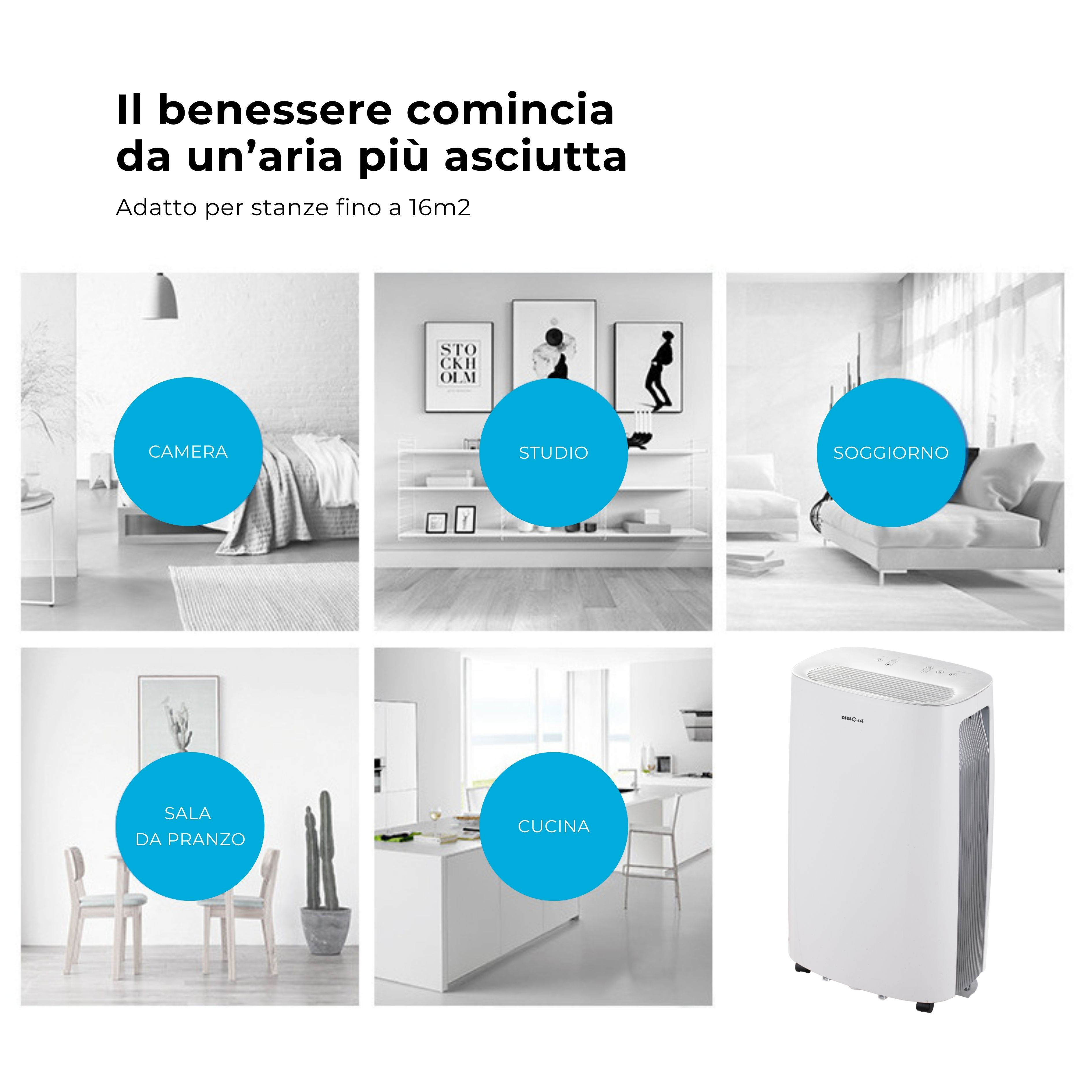 Collage di stanze: camera, studio, soggiorno, sala da pranzo, cucina e un deumidificatore.