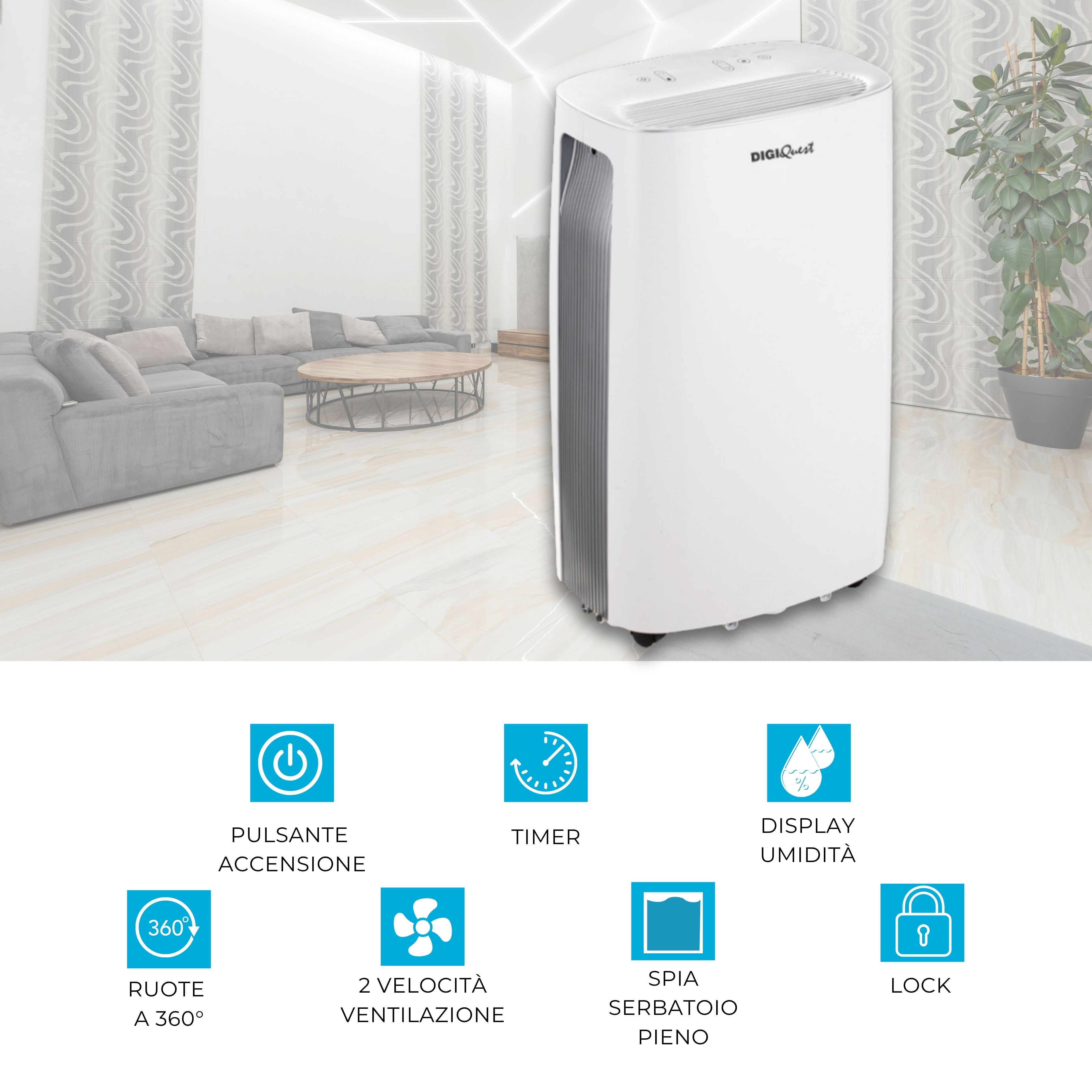 Un deumidificatore bianco con icone per accensione, timer, umidità, ruote 360°, ventola e serbatoio.