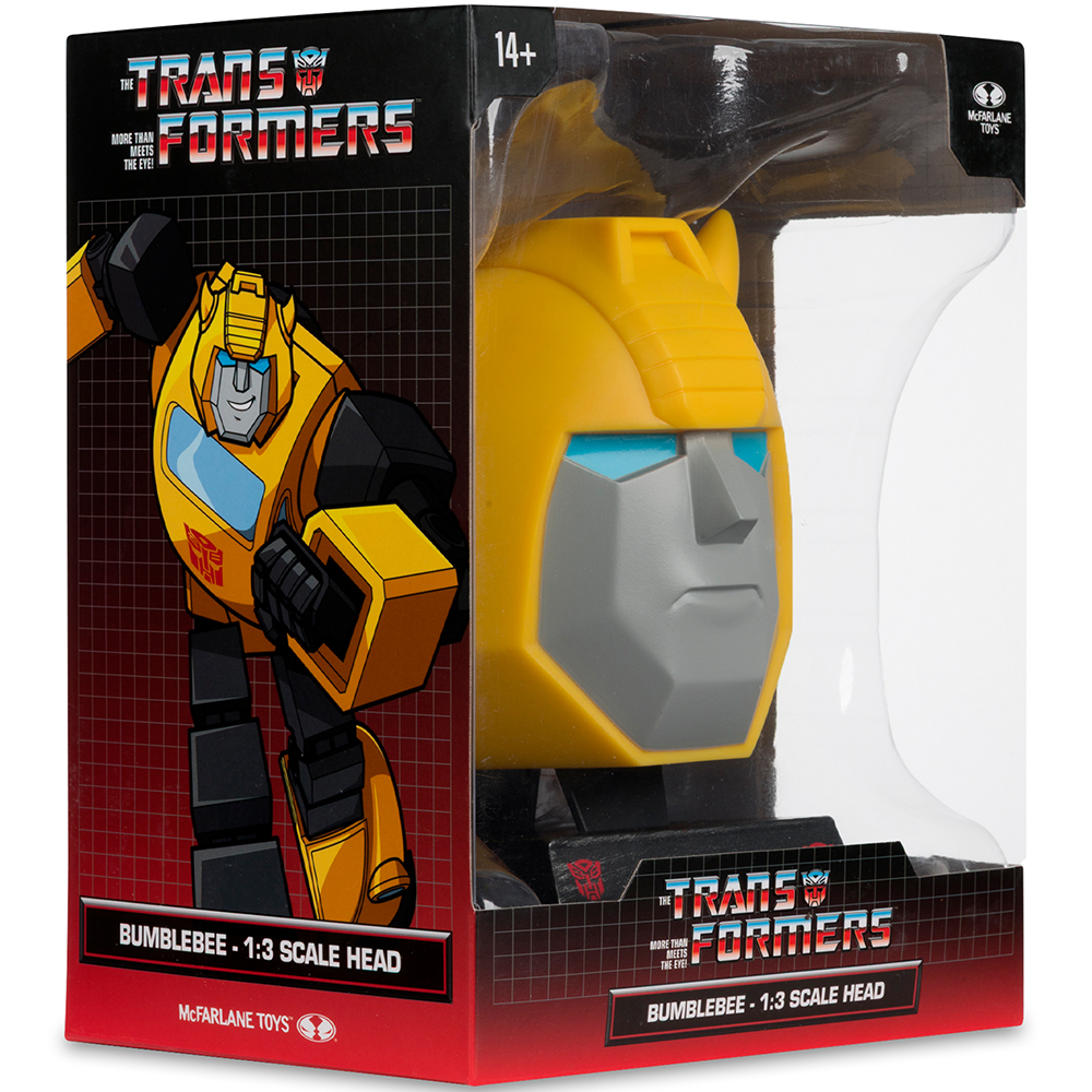 Testa di Bumblebee in scatola scala 1:3. Giallo, grigio, blu. Logo Transformers.
