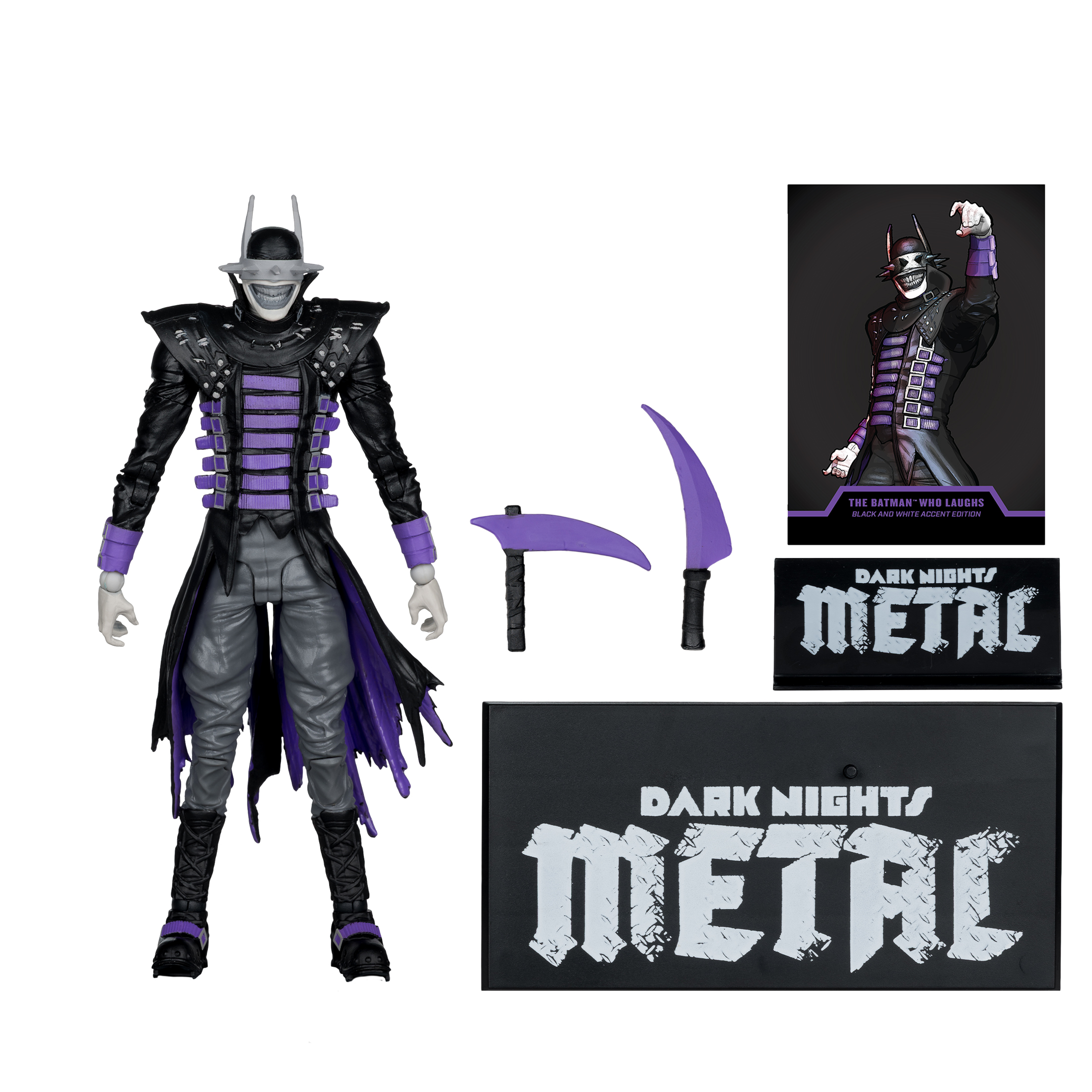 Figur des Batman Who Laughs mit Waffen und Base. Schwarzer Anzug, lila Akzente.