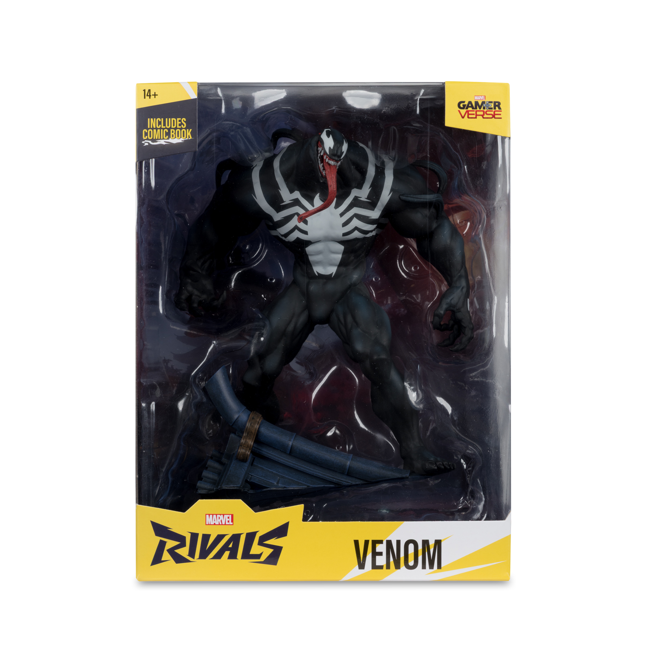 Venom-Actionfigur in Verpackung mit "Marvel Rivals"-Branding.