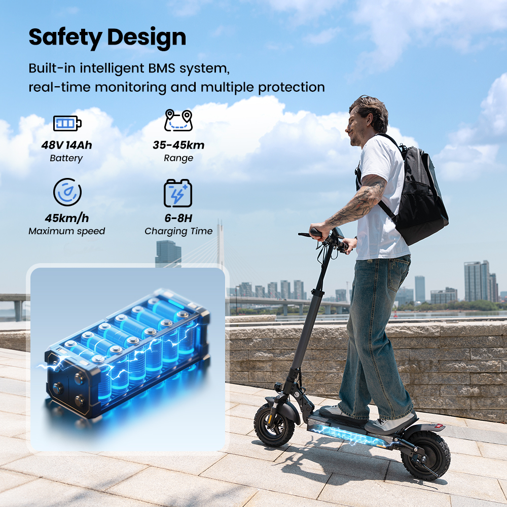 Uomo guida e-scooter con batteria 48V 14Ah, 45km/h, autonomia 35-45km, carica 6-8h.