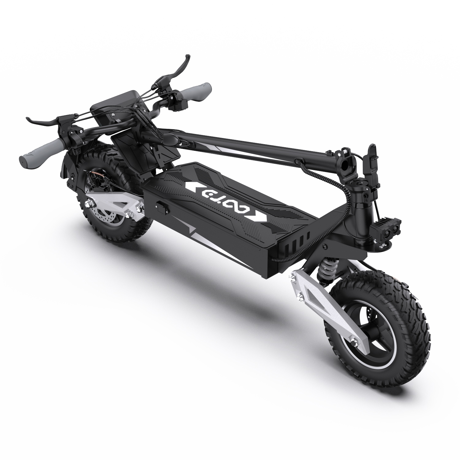 Uno scooter elettrico nero con pneumatici larghi e sospensioni, su sfondo bianco.