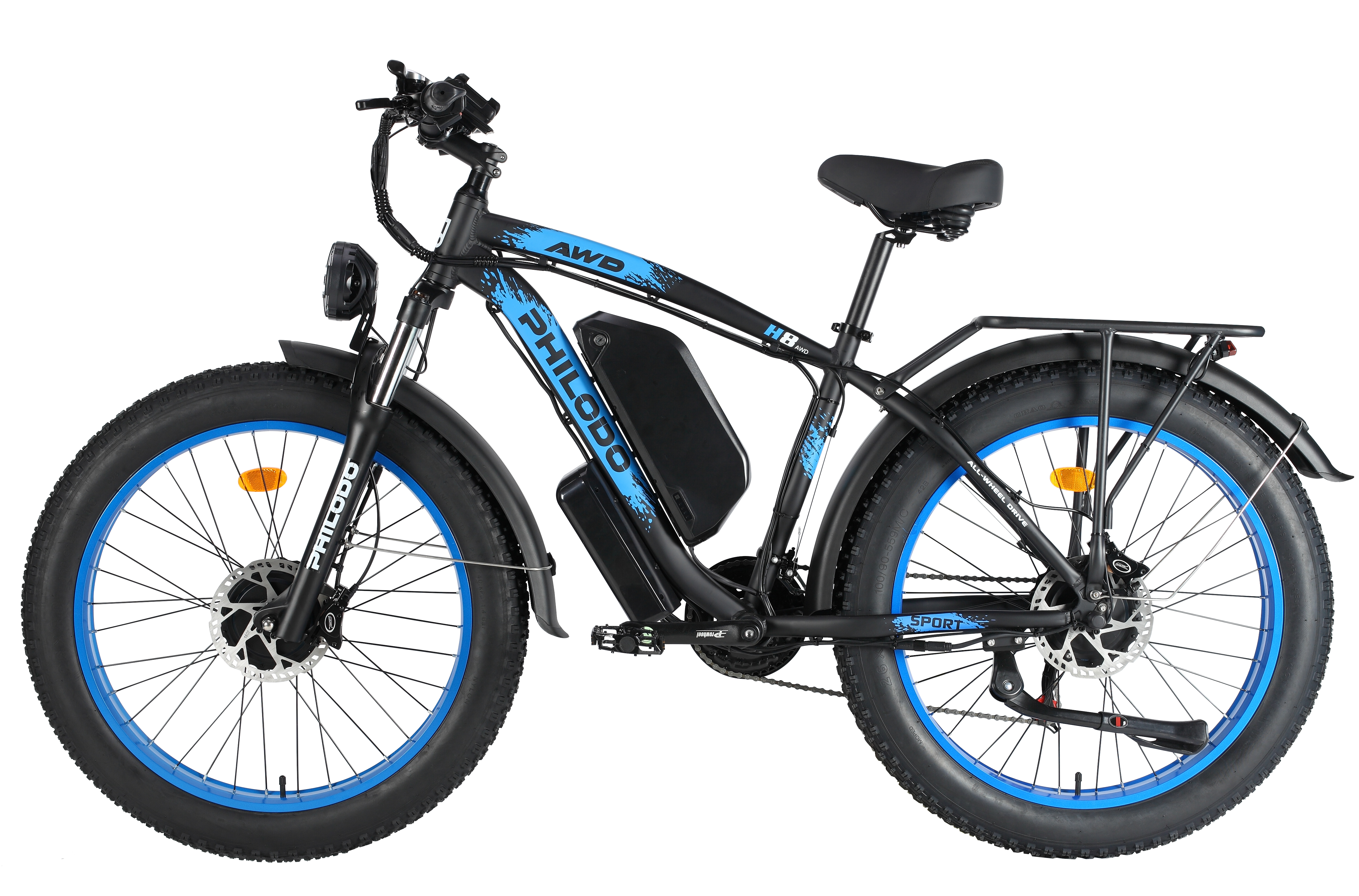 Schwarzes E-Bike mit dicken Reifen, blauen Felgen und schwarzem Akku.