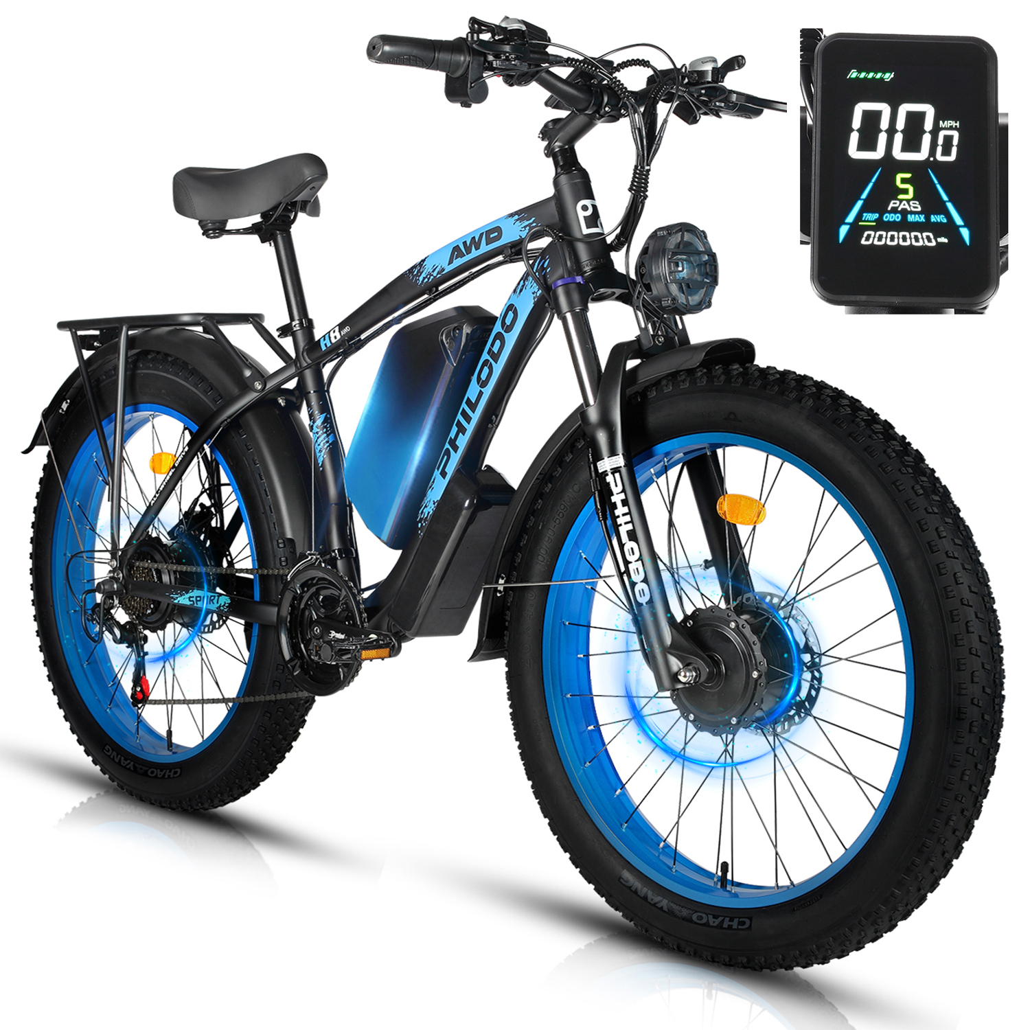 Schwarzes E-Bike mit blauen Felgen und einem Display, das Geschwindigkeit anzeigt.