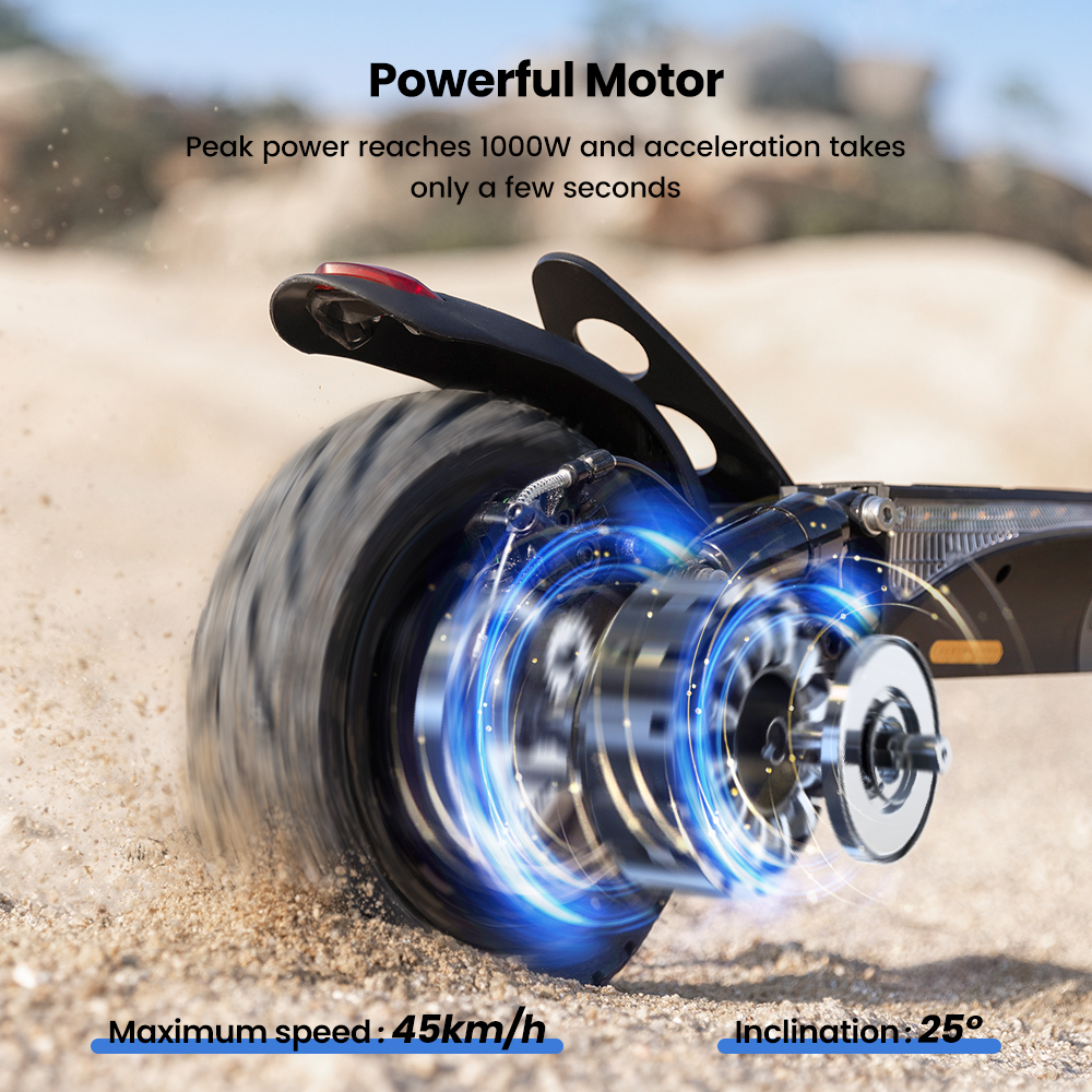 Primo piano del motore di uno scooter elettrico con luci blu vorticose, velocità massima 45 km/h.