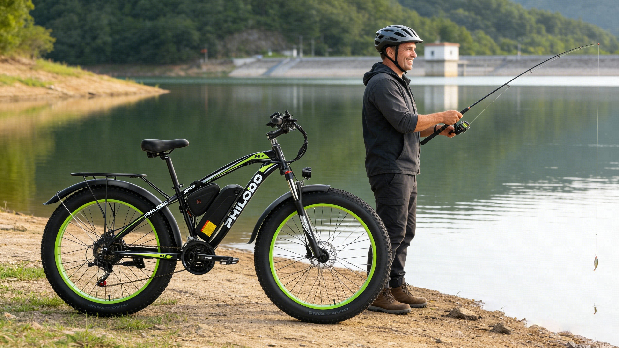 Un uomo con casco pesca accanto a una e-bike in riva al lago.