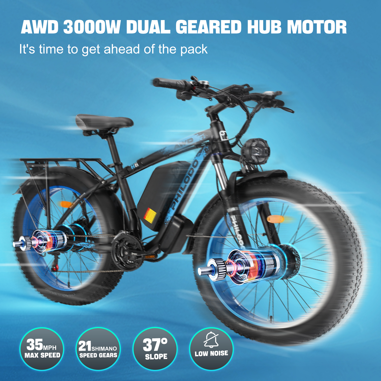 Fett-E-Bike mit 3000W Dual-Motor, 35 mph max. Geschwindigkeit, 21 Gänge.