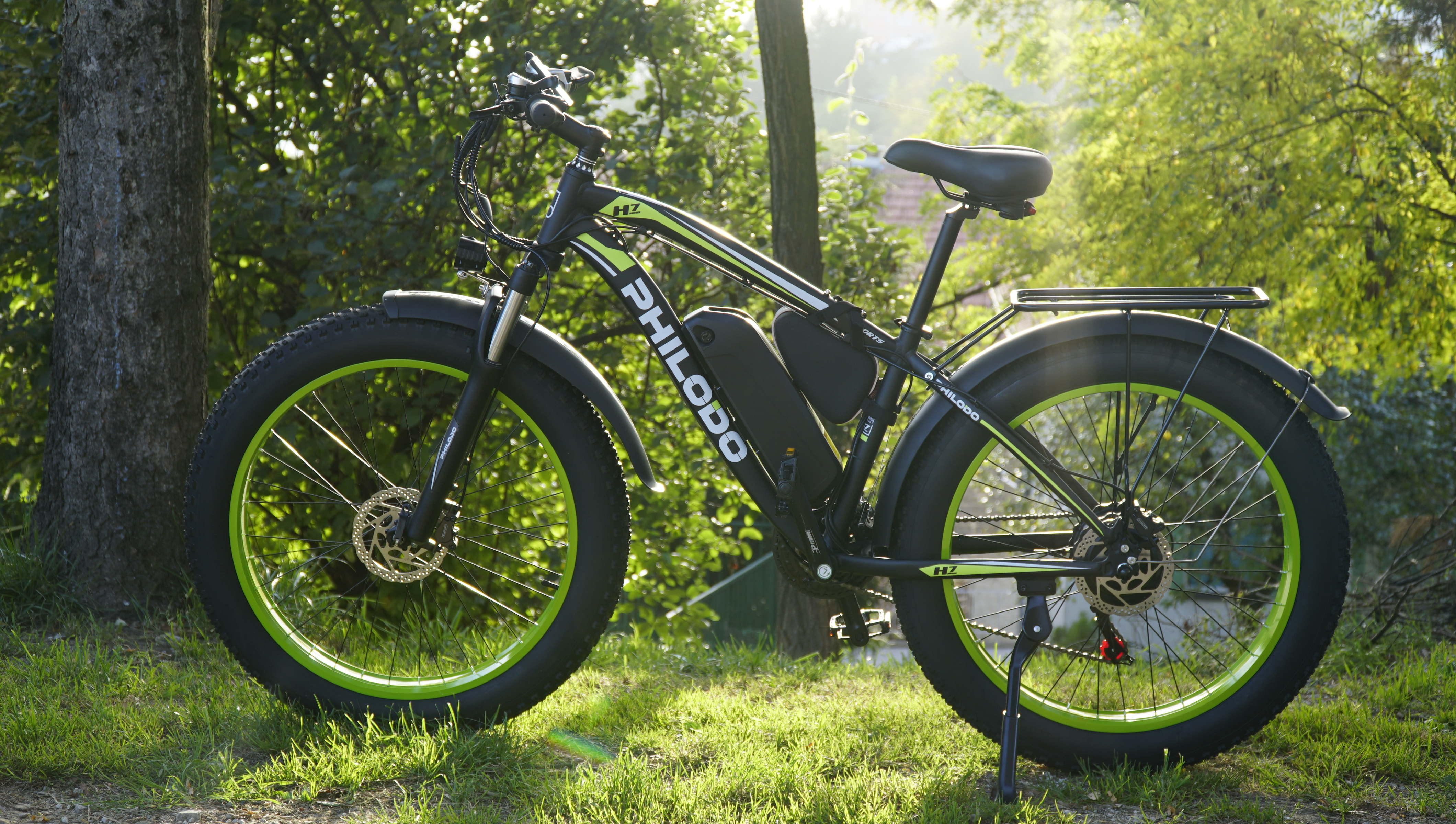 Una e-bike nera con cerchi verdi sull'erba, alberi sullo sfondo.