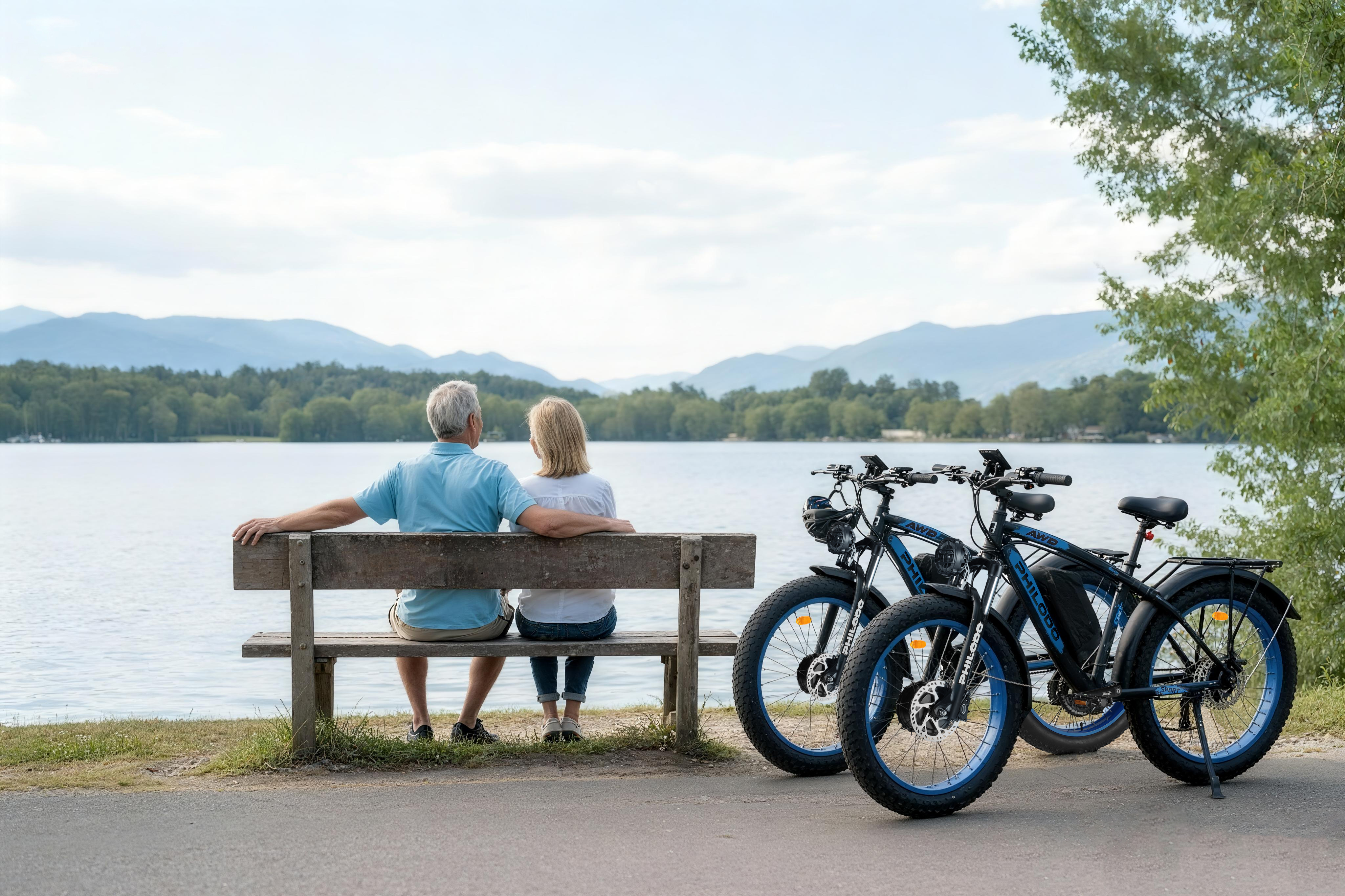 Paar auf einer Bank am See mit zwei E-Bikes mit dicken Reifen. Berge und Bäume im Hintergrund.