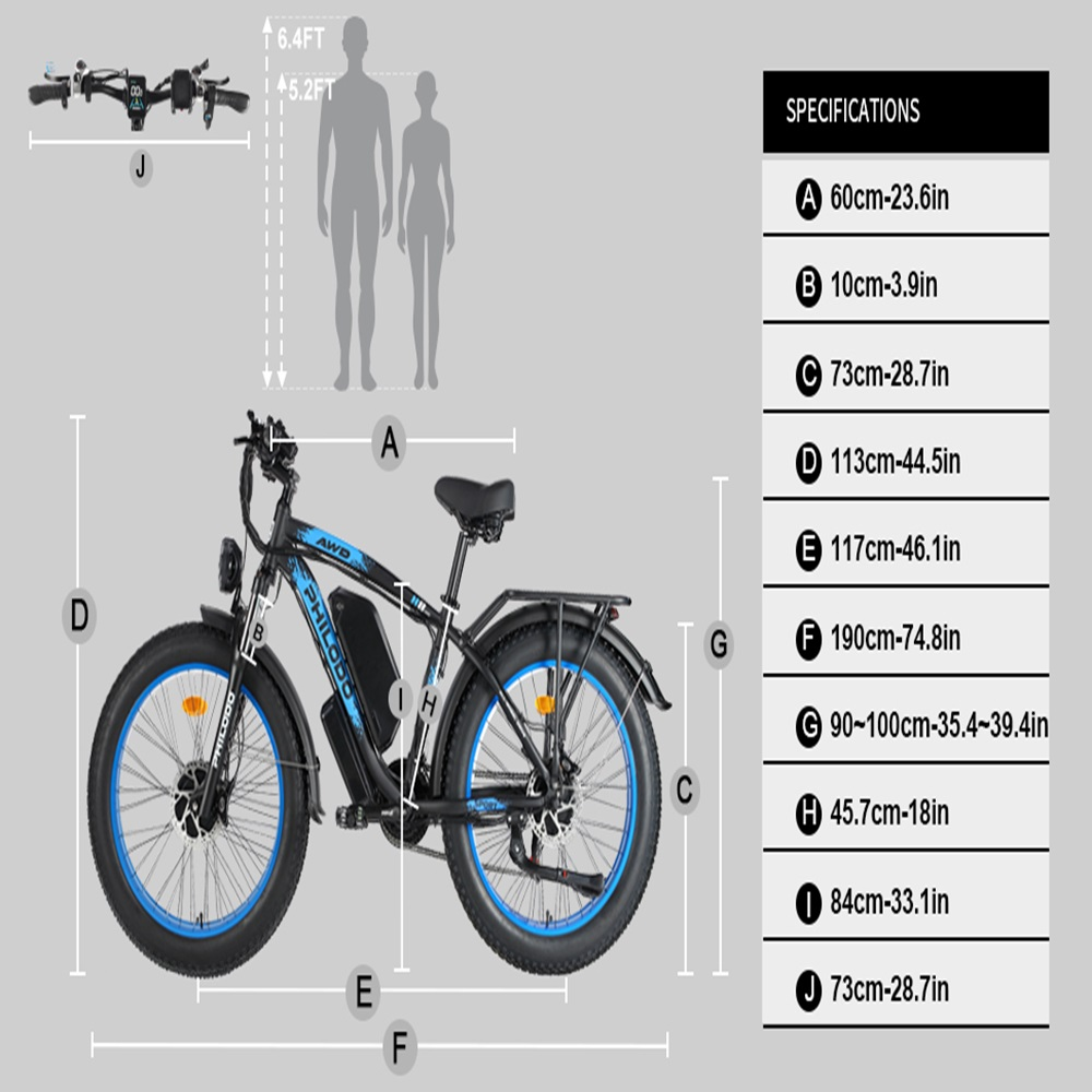 Ein schwarzes E-Bike mit blauen Akzenten wird mit Maßlinien und Spezifikationen dargestellt.