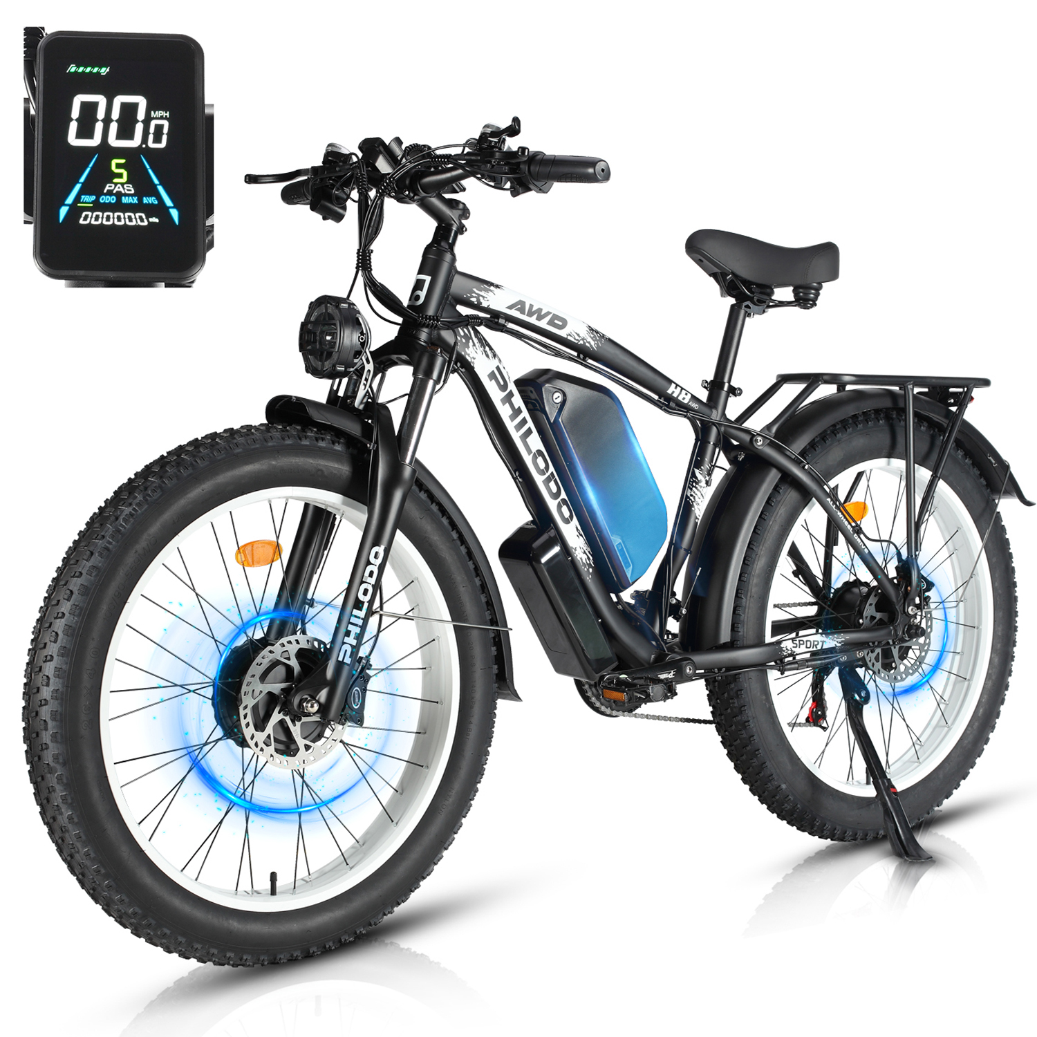 Bicicletta elettrica nera con ruote grasse, ruote blu luminose e display.
