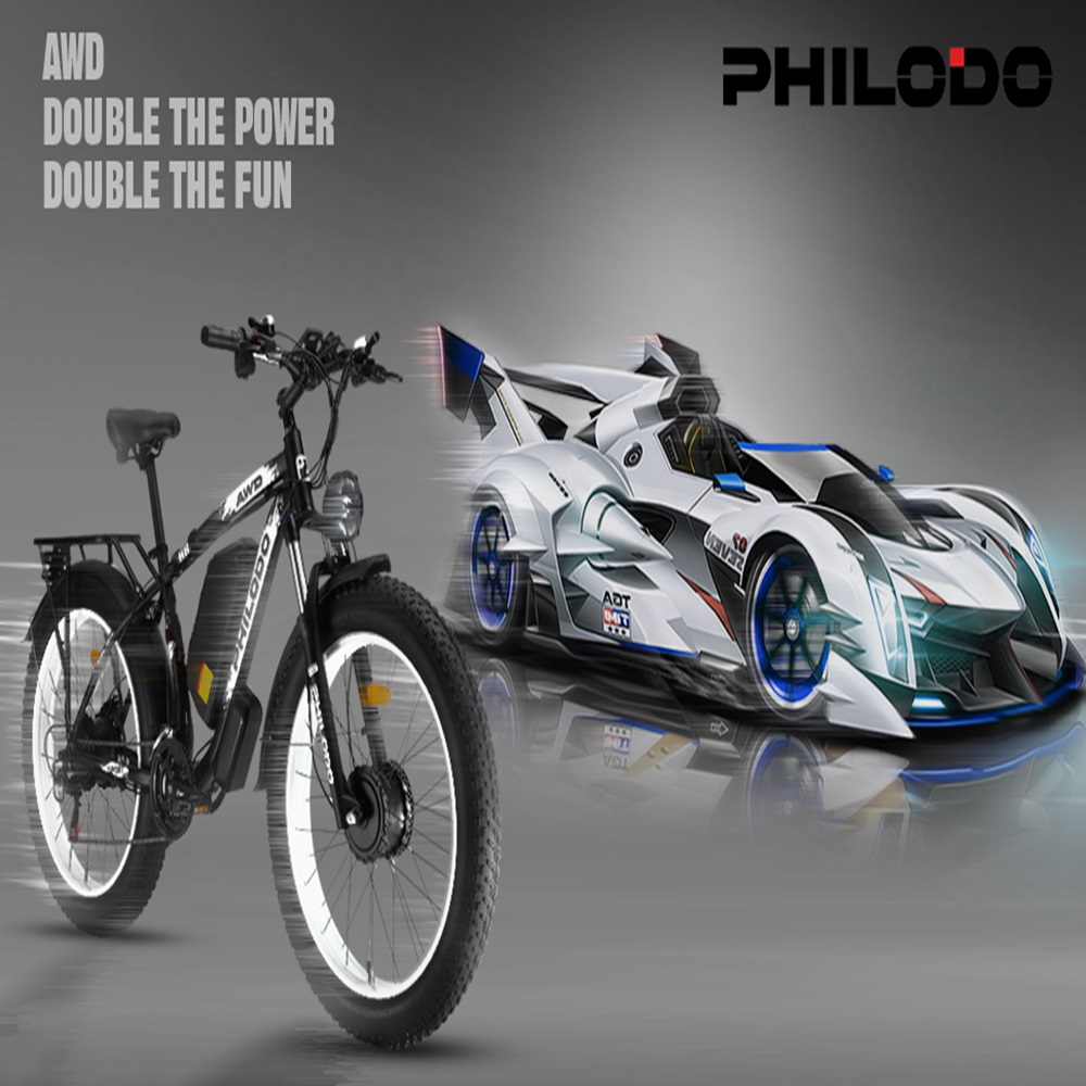 Ein schwarzes E-Bike steht neben einem futuristischen weißen Rennwagen.