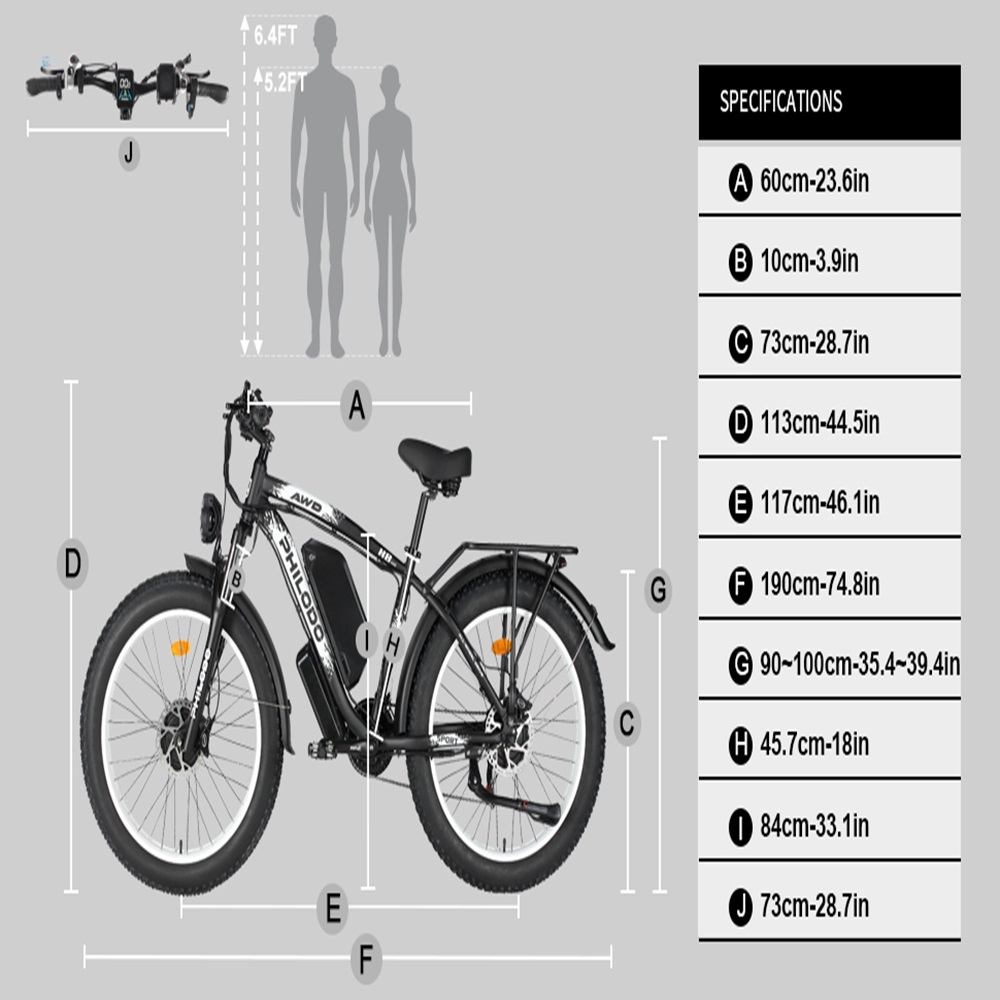 Spezifikationen eines schwarzen E-Bikes mit Maßen und menschlichen Silhouetten.