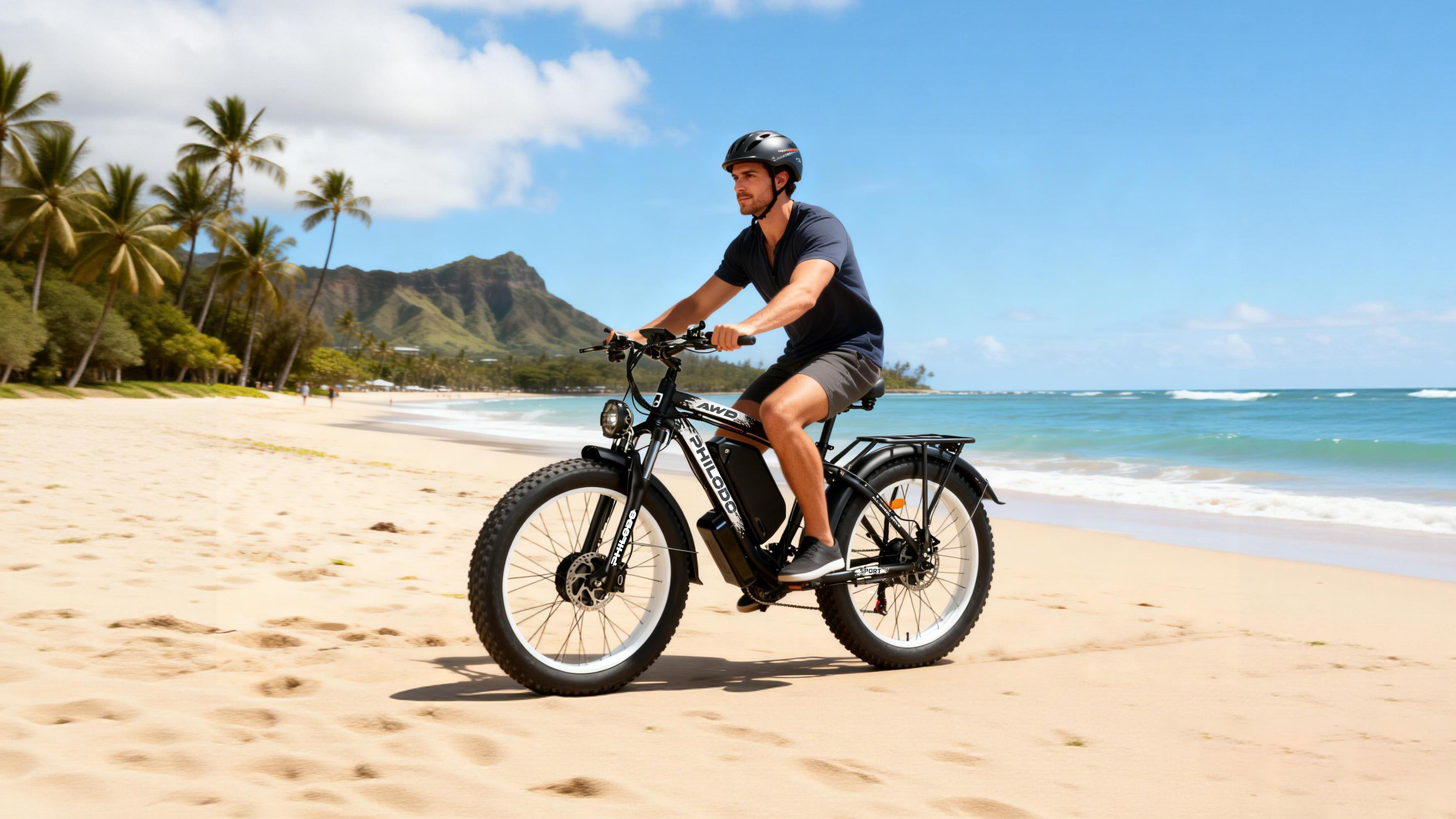 Mann fährt E-Bike am Strand mit Palmen und Bergen im Hintergrund.