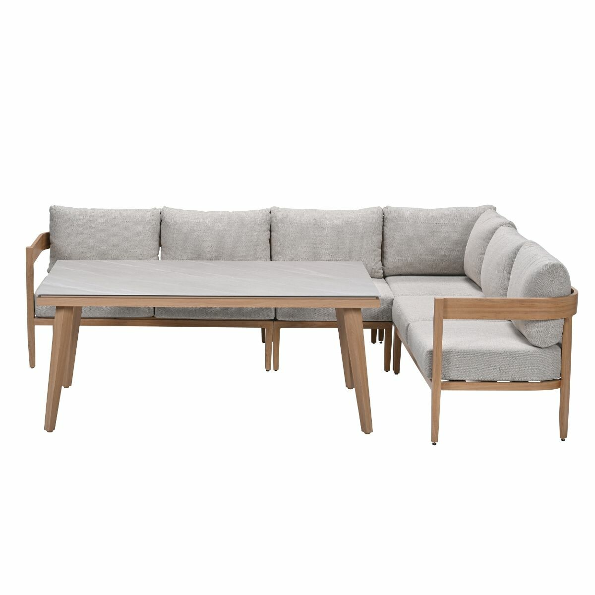 Canapé d'angle extérieur gris et table avec cadre en bois.