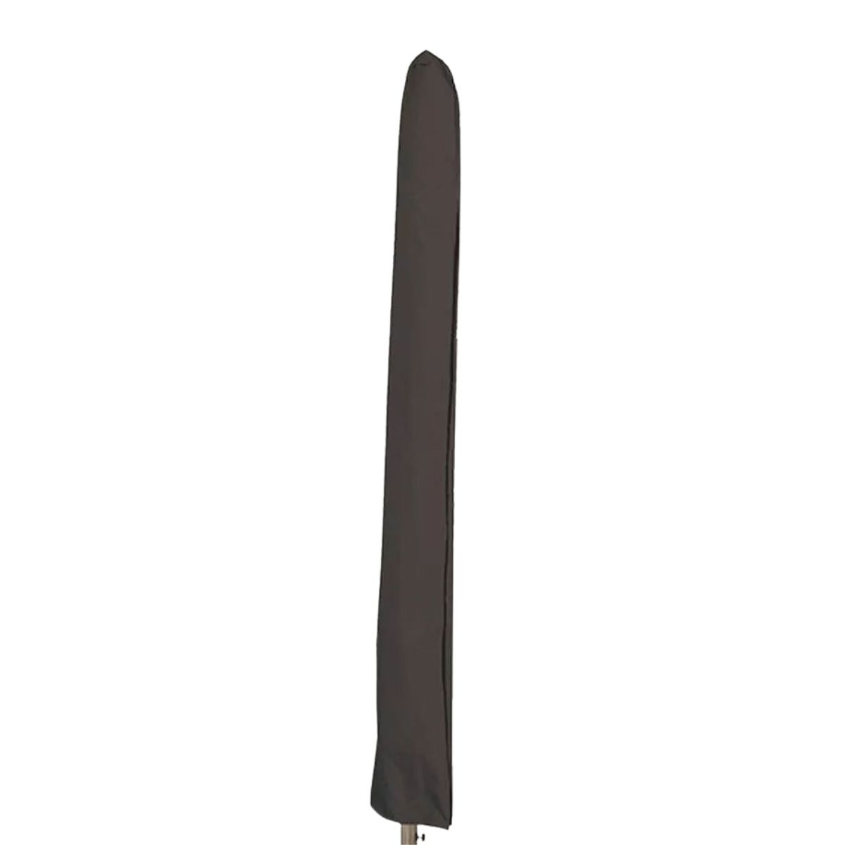 A dark gray, long cover for a closed umbrella, standing upright.