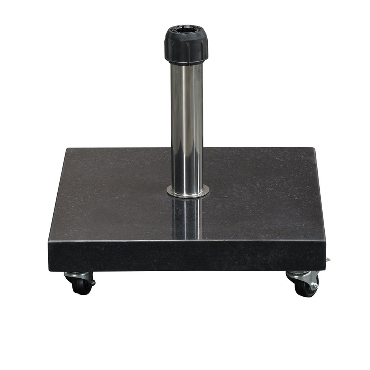 A heavy, square black granite umbrella stand with wheels and a metal pole.