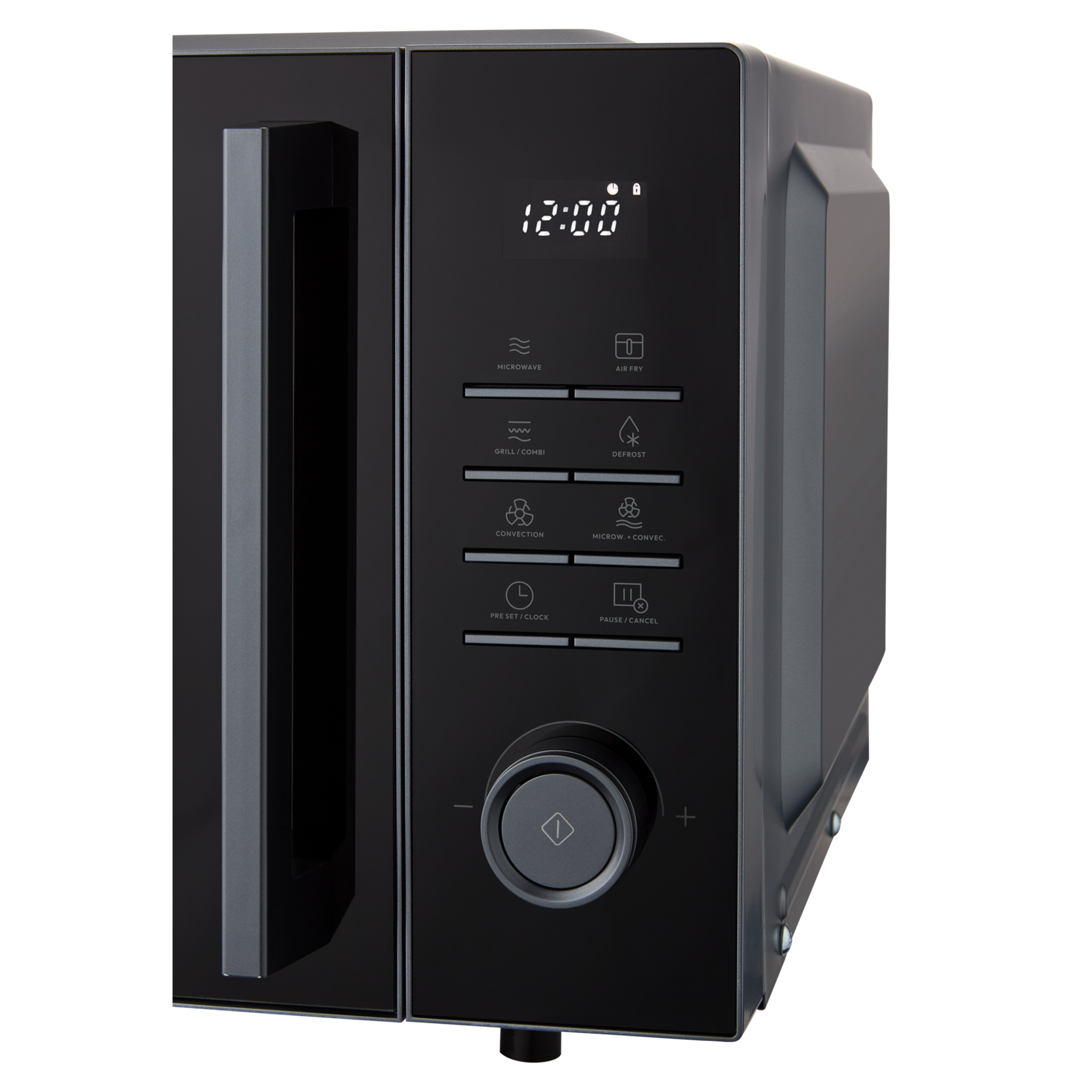 Zwarte magnetron met digitaal display 12:00 en bedieningsknoppen.