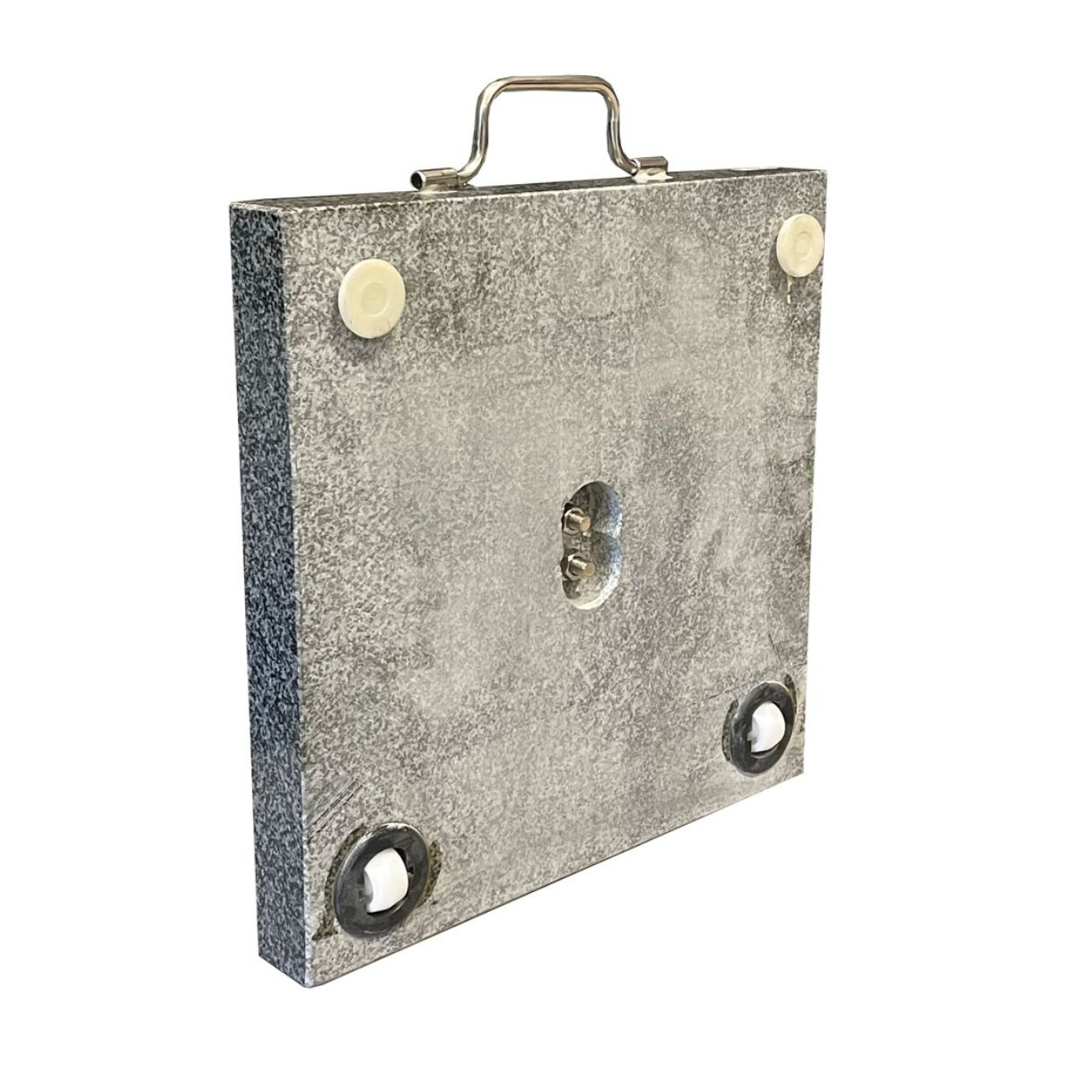 Gray case with handle and four rubber feet.