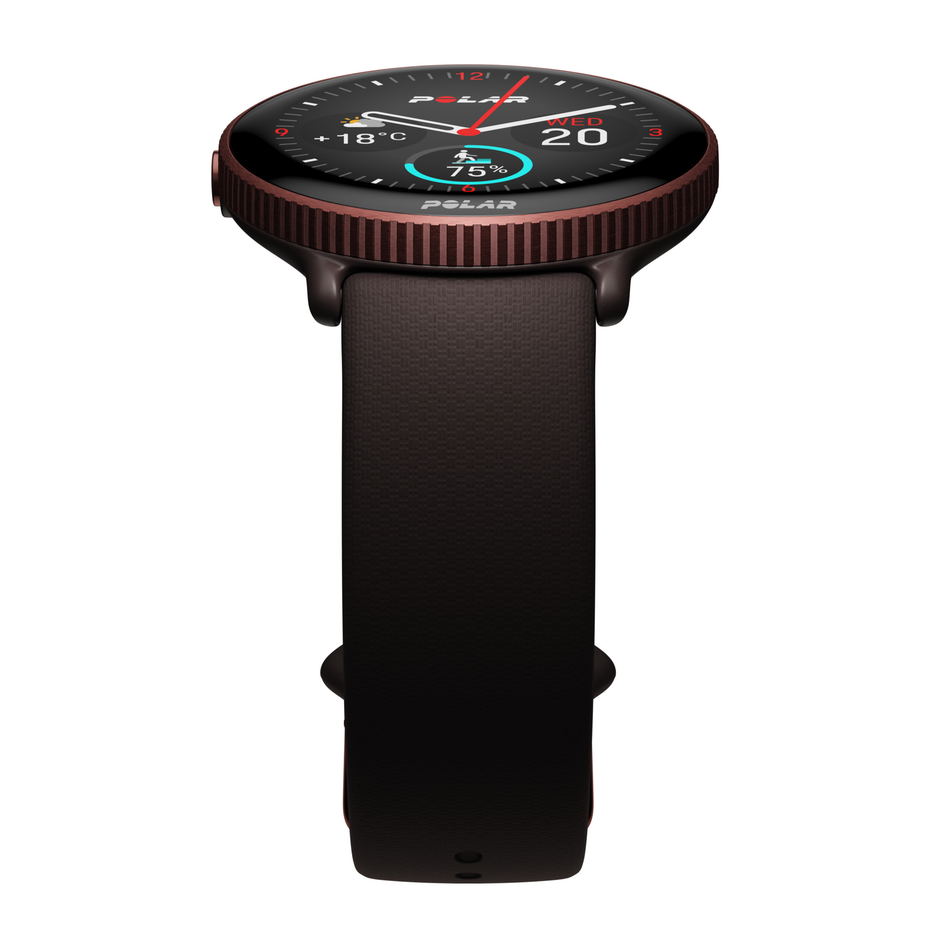 Ciemny smartwatch z różowo-złotą ramką i brązowym paskiem.