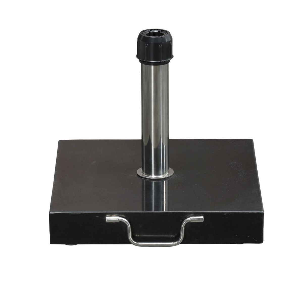 A rectangular black umbrella stand with a silver pole and black cap.