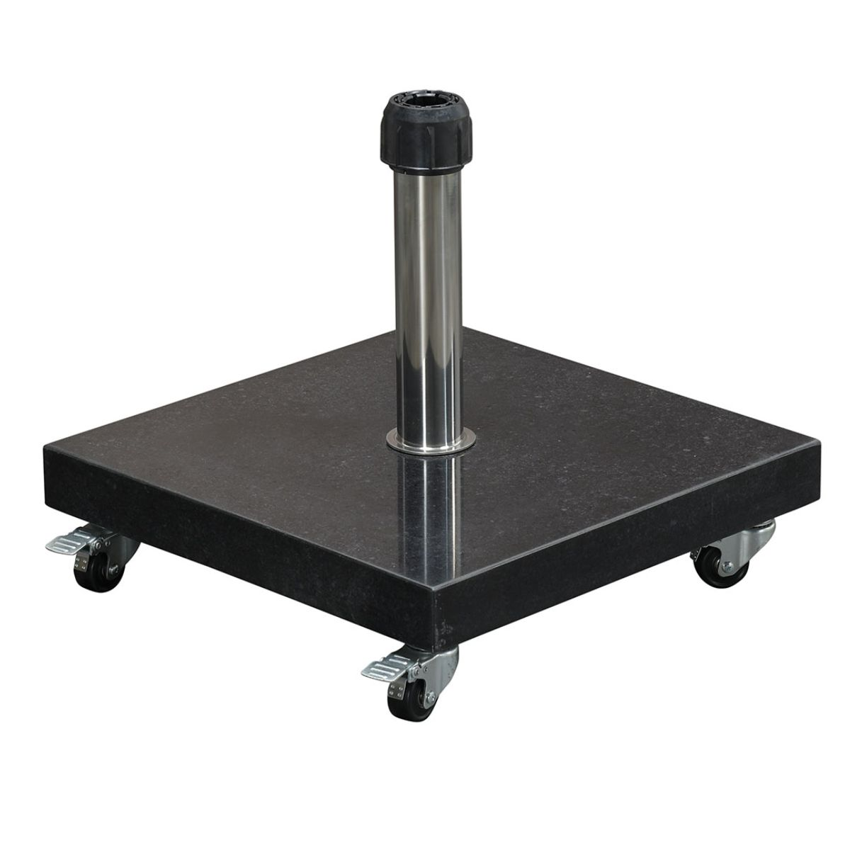 A black granite base with a silver pole and wheels.