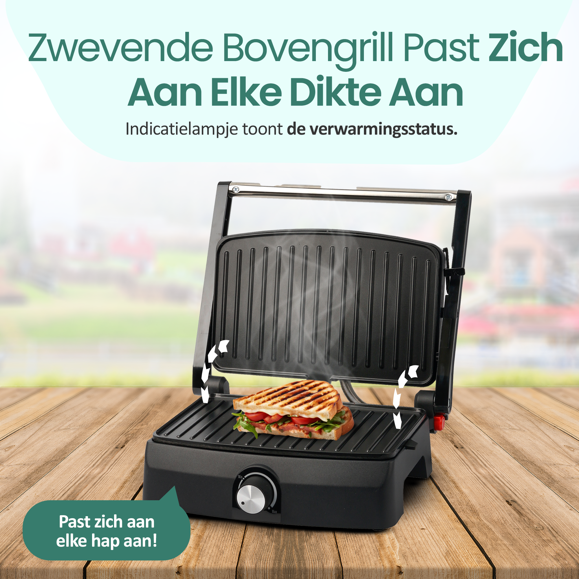 Ein Sandwich wird in einem offenen Kontaktgrill mit Dampf gegrillt.
