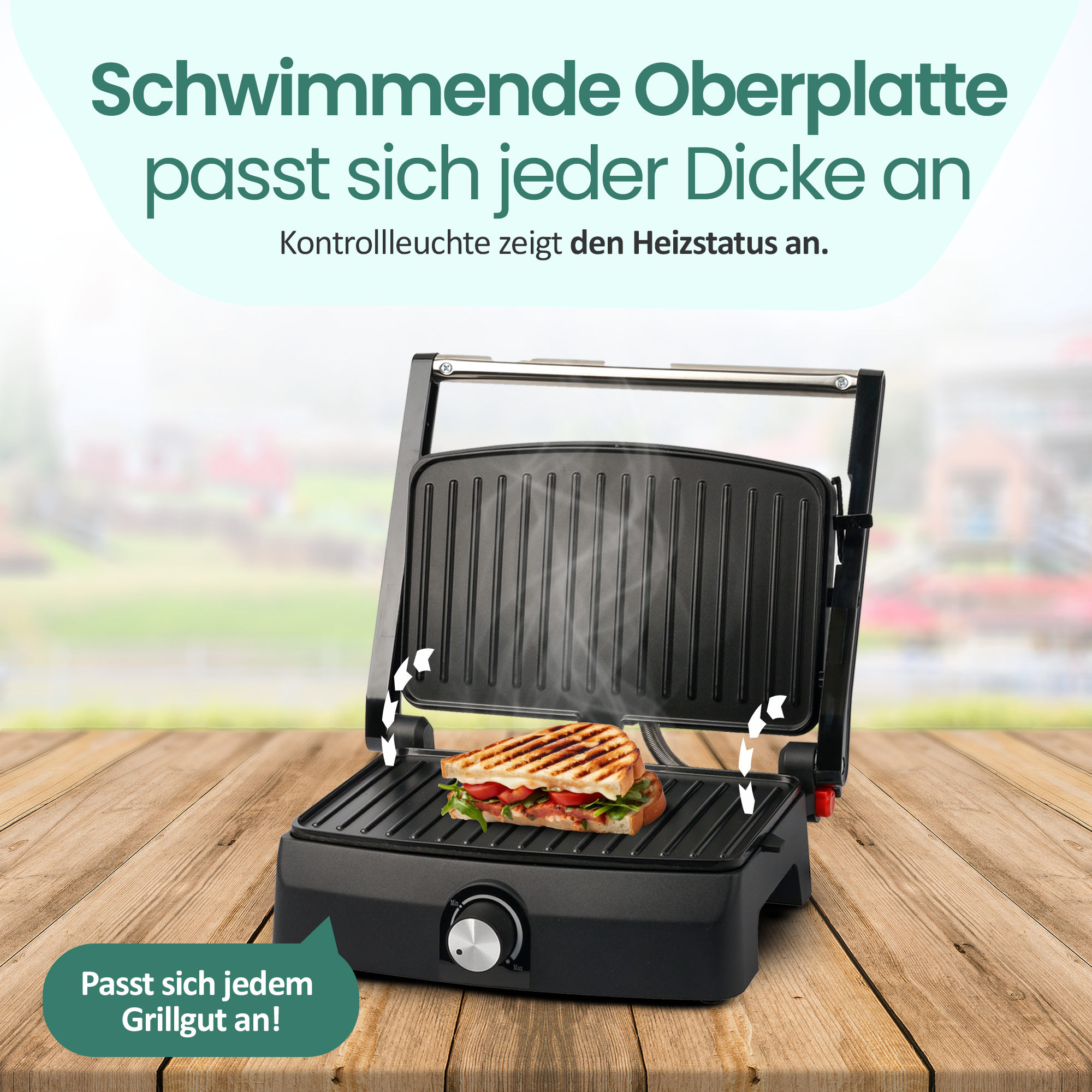 Ein Sandwich wird in einem offenen Kontaktgrill mit Dampf zubereitet.