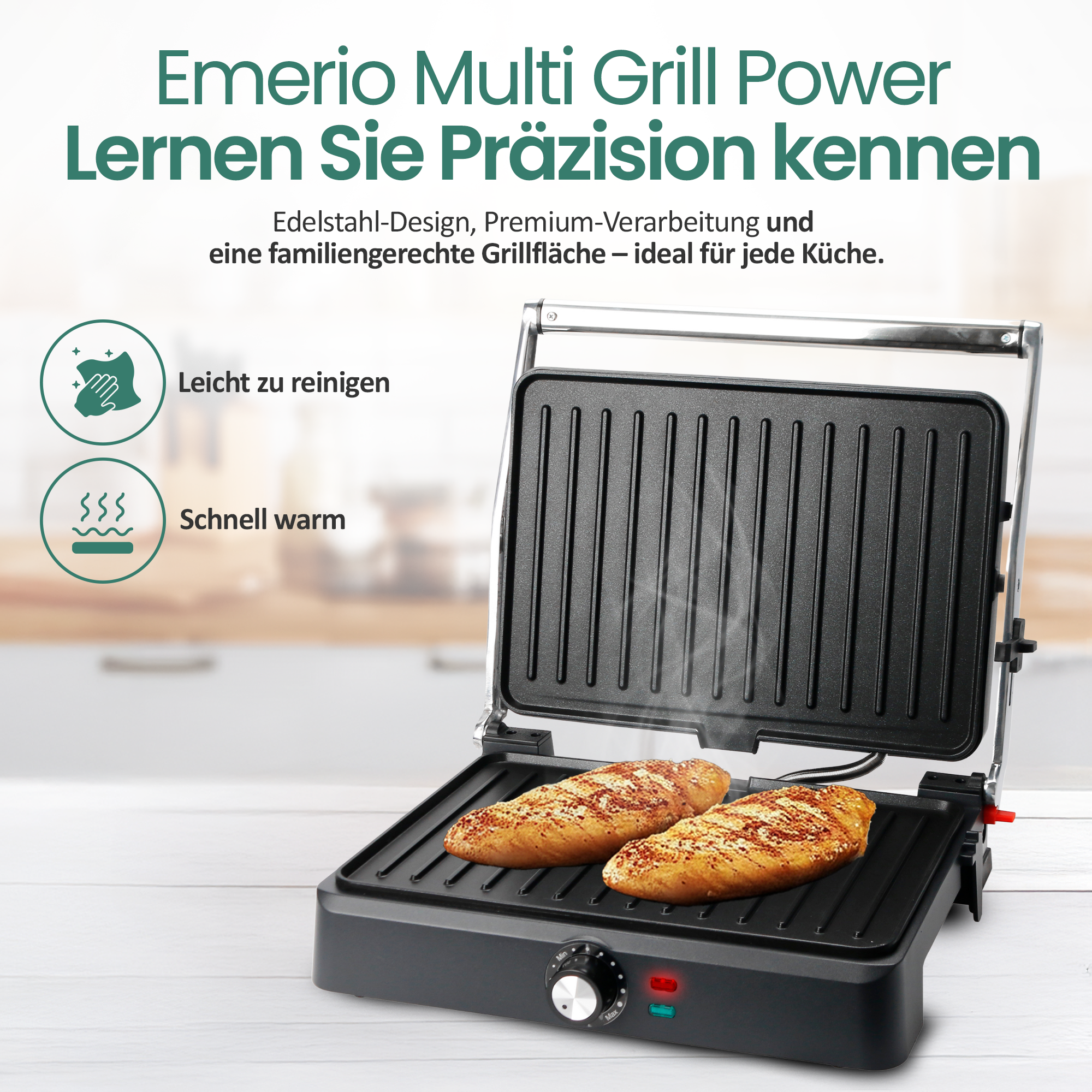 Ein offener Kontaktgrill mit zwei gegrillten Hähnchenbrustfilets und Dampf.