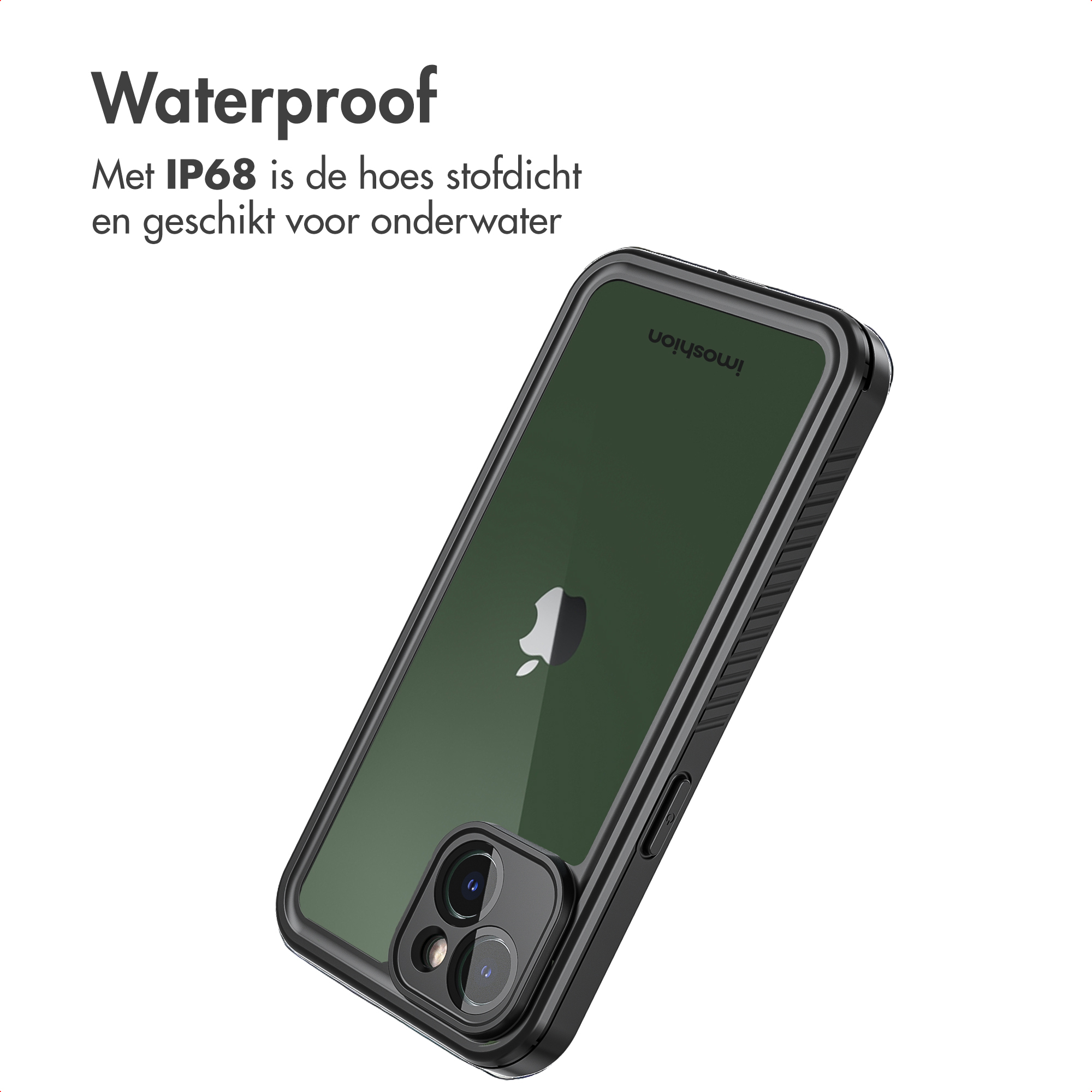 iPhone nero con custodia verde scuro e scritta impermeabile.
