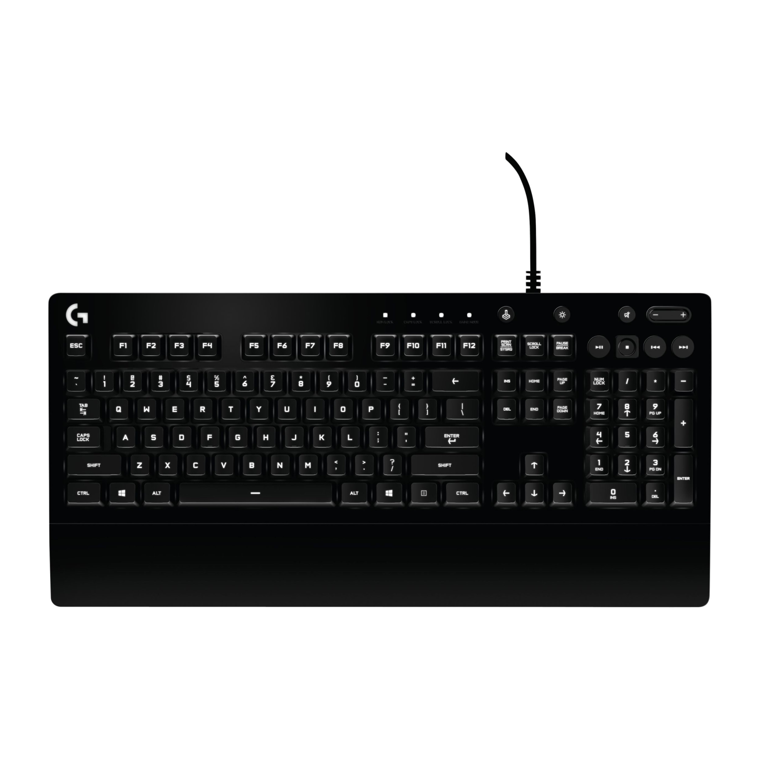 Czarna przewodowa klawiatura Logitech z podświetlanymi klawiszami.