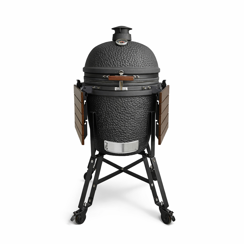 Black ceramic grill with fold-out wooden side tables and a thermometer.