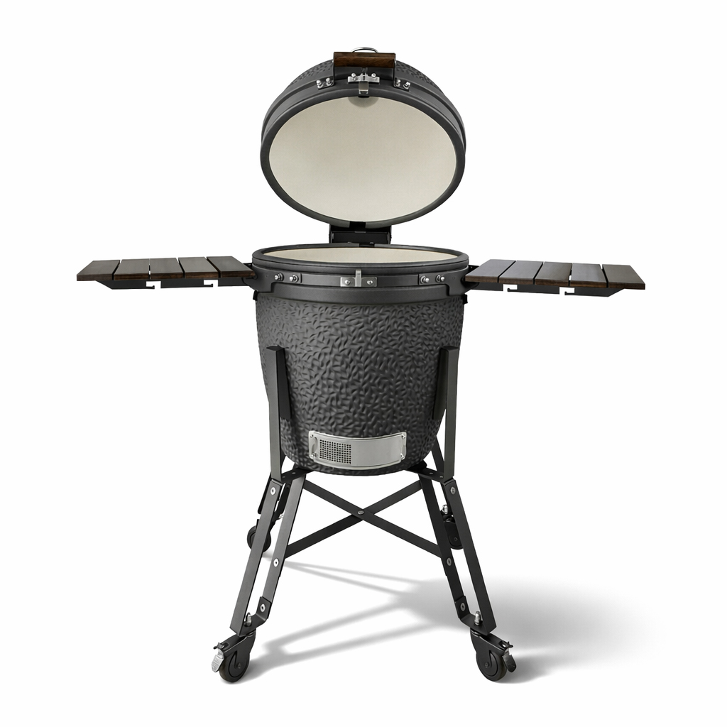 Black ceramic grill with open lid and fold-out wooden side tables.