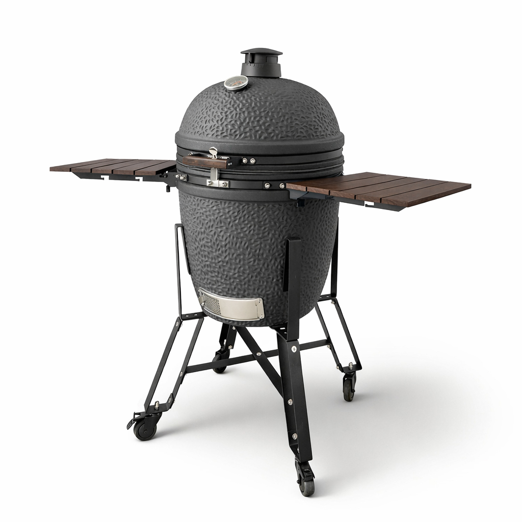 A black ceramic grill with a thermometer, wooden side tables, and wheels.