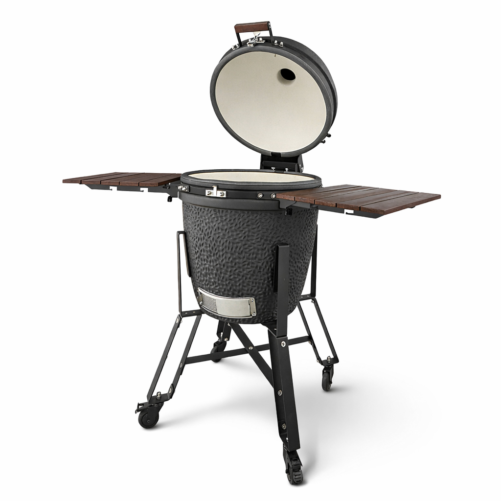 An open, black ceramic grill with fold-out wooden side tables on a metal stand.