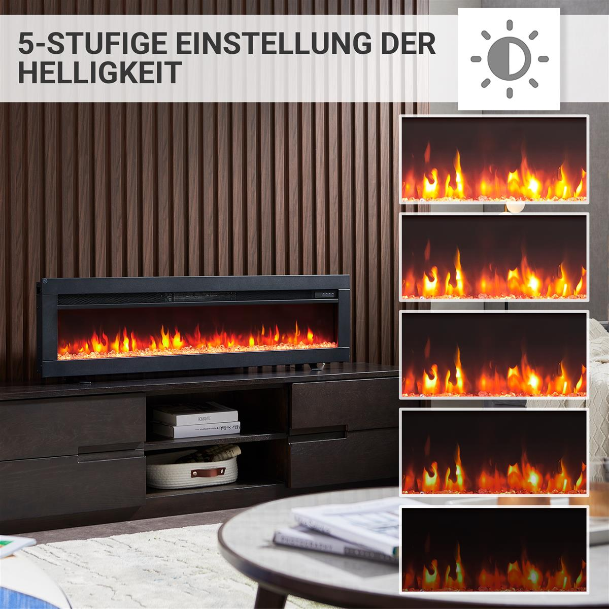 Elektrischer Kamin mit Flammenanzeige in 5 Helligkeitsstufen.